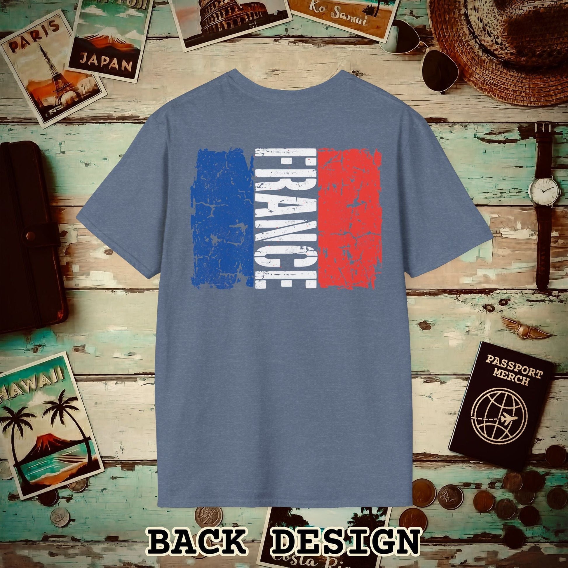 France Vintage Flag Back Print T-Shirt Heather Indigo / S