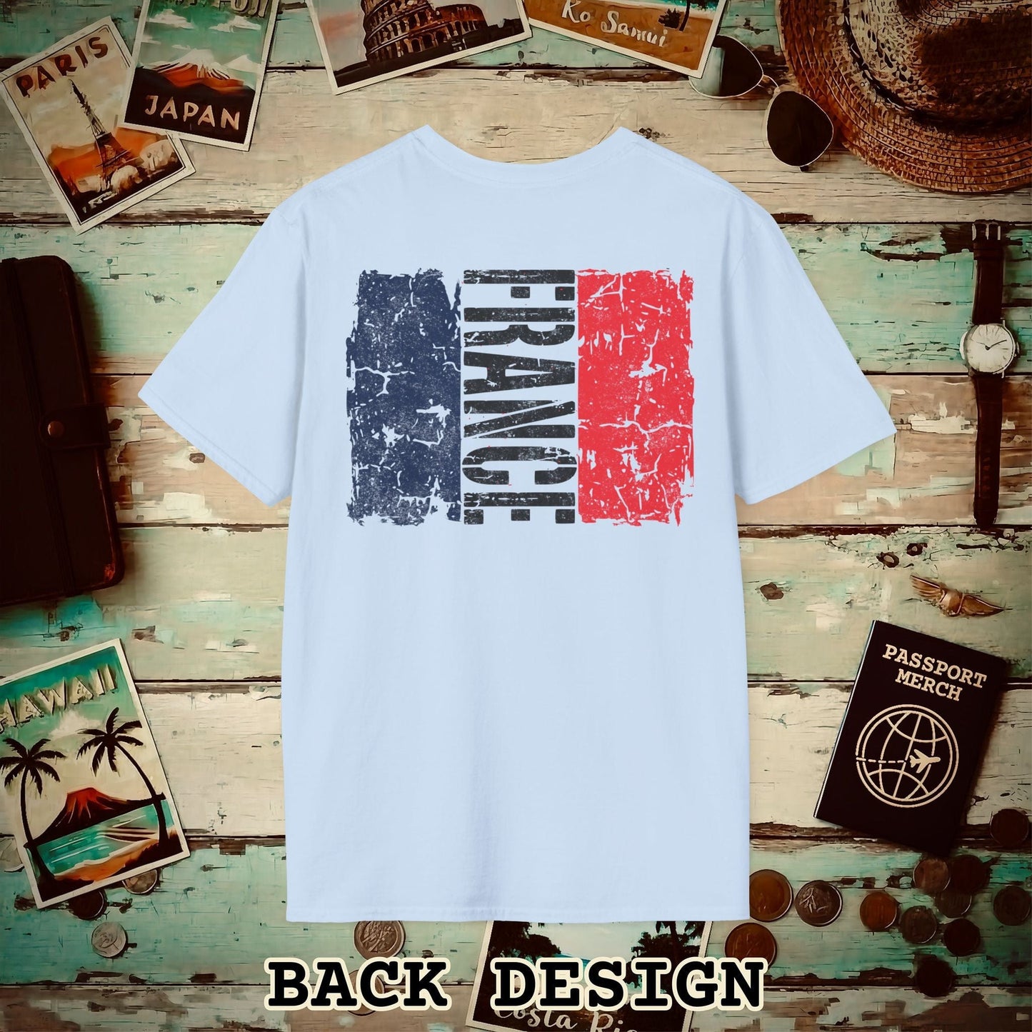 France Vintage Flag Back Print T-Shirt Light Blue / S