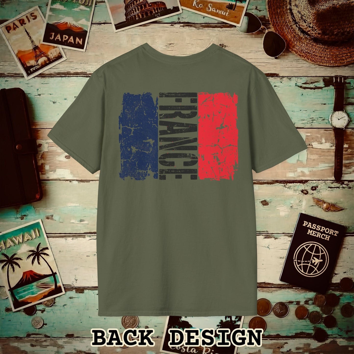 France Vintage Flag Back Print T-Shirt Military Green / S