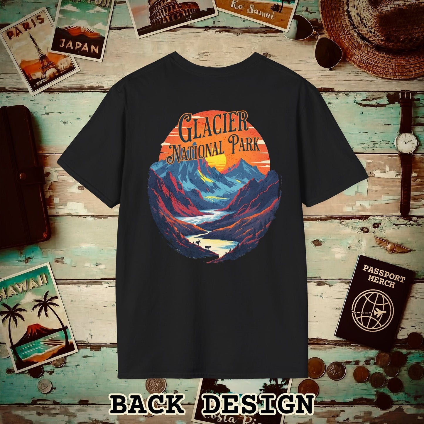 Glacier National Park, Montana, Back Print T-Shirt Black / S