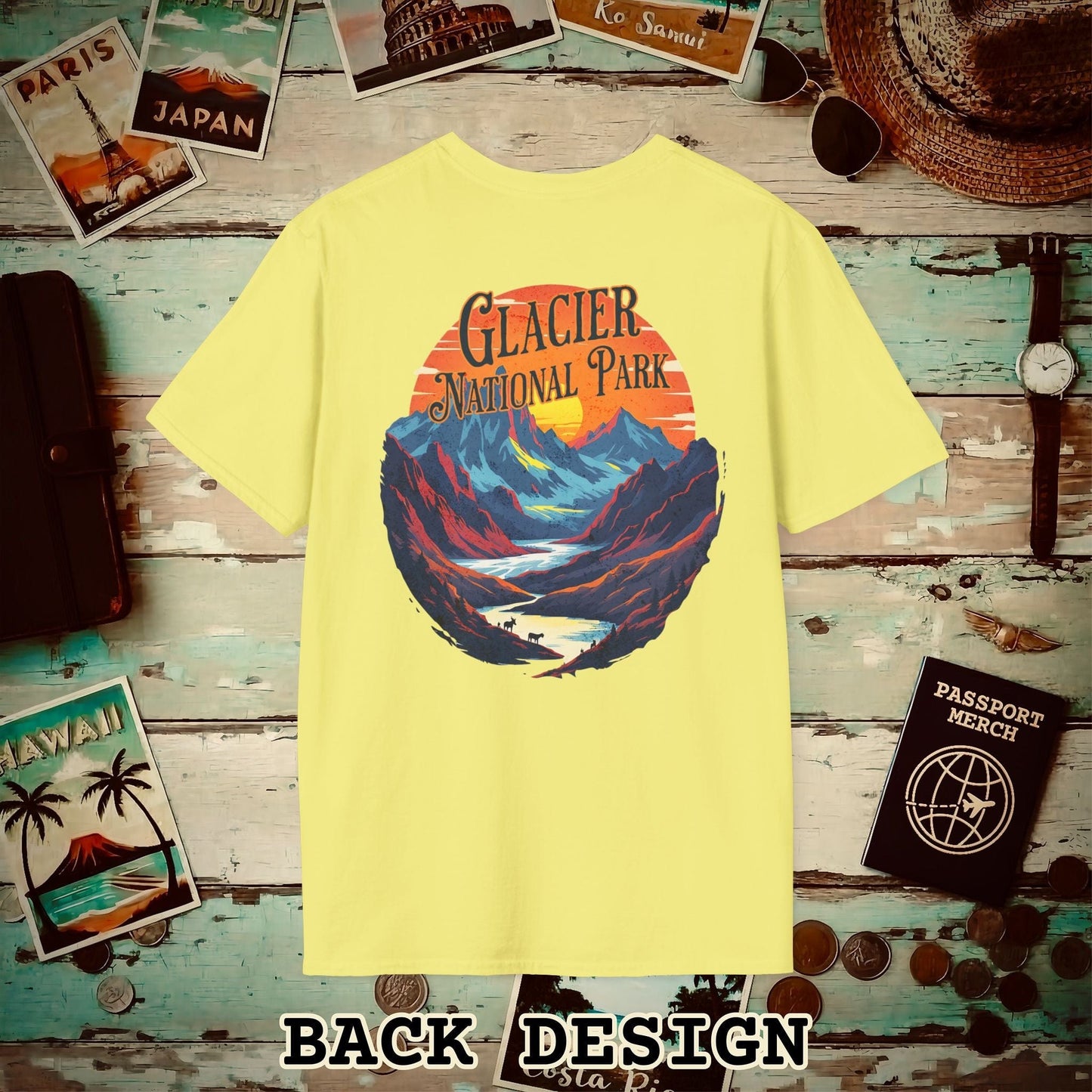 Glacier National Park, Montana, Back Print T-Shirt Cornsilk / S
