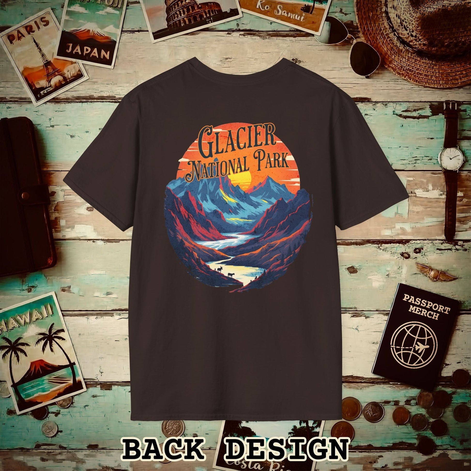 Glacier National Park, Montana, Back Print T-Shirt Dark Chocolate / S