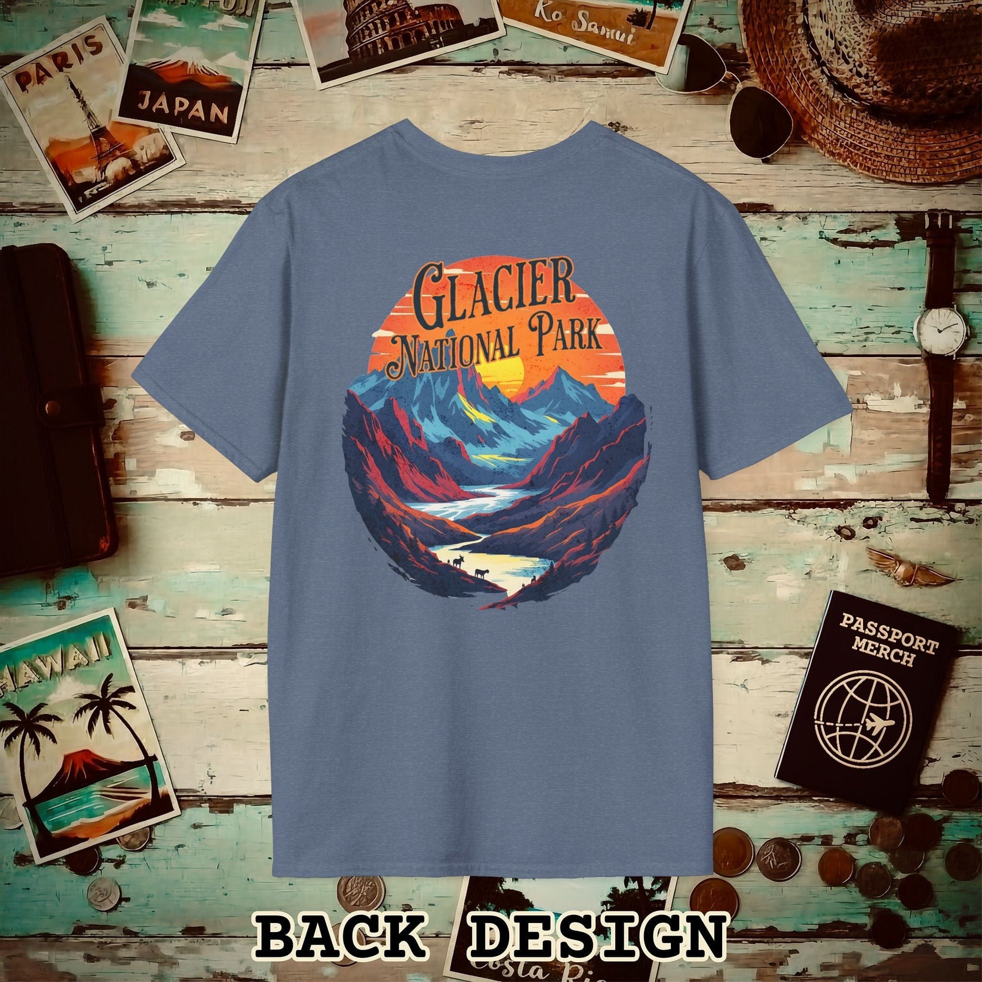 Glacier National Park, Montana, Back Print T-Shirt Heather Indigo / S