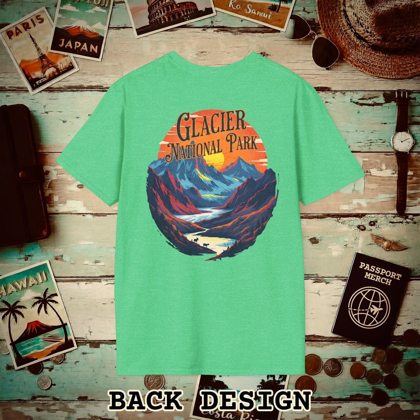 Glacier National Park, Montana, Back Print T-Shirt Heather Irish Green / S