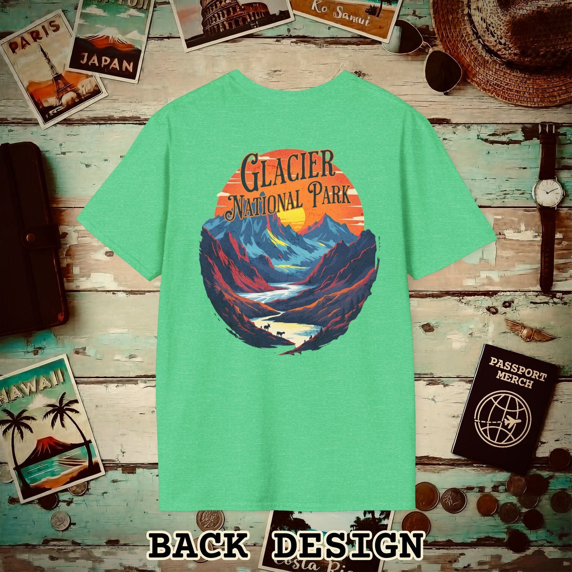 Glacier National Park, Montana, Back Print T-Shirt Heather Irish Green / S