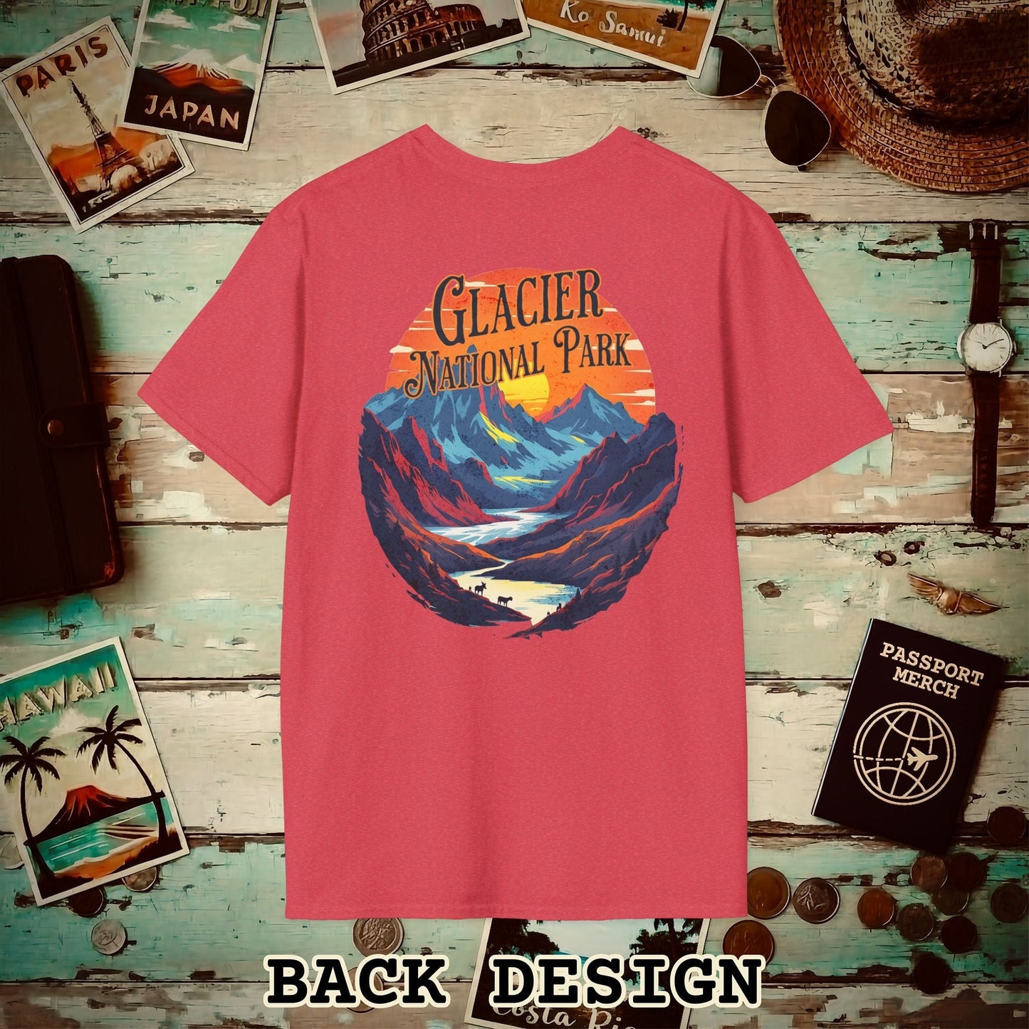 Glacier National Park, Montana, Back Print T-Shirt Heather Red / S