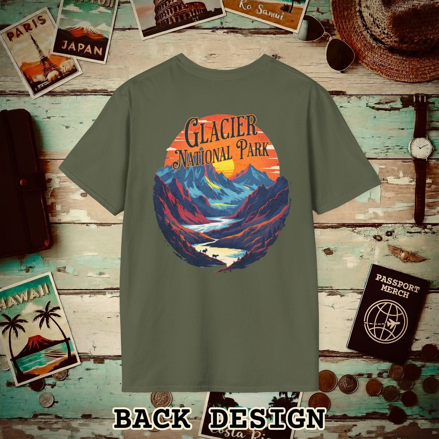 Glacier National Park, Montana, Back Print T-Shirt Military Green / S