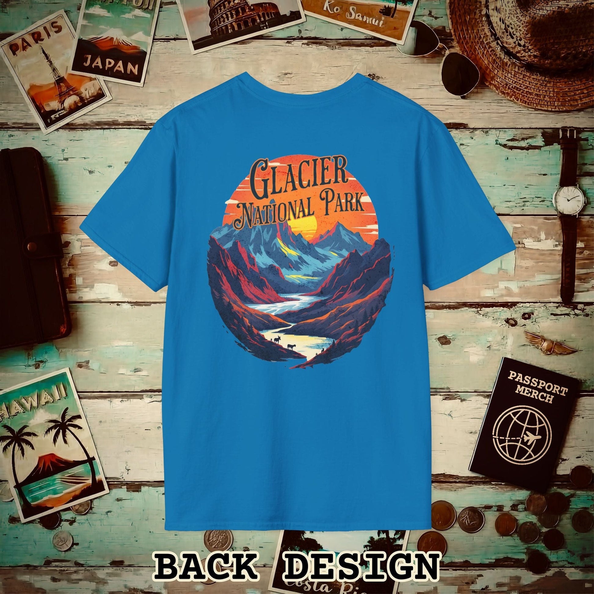 Glacier National Park, Montana, Back Print T-Shirt Sapphire / S