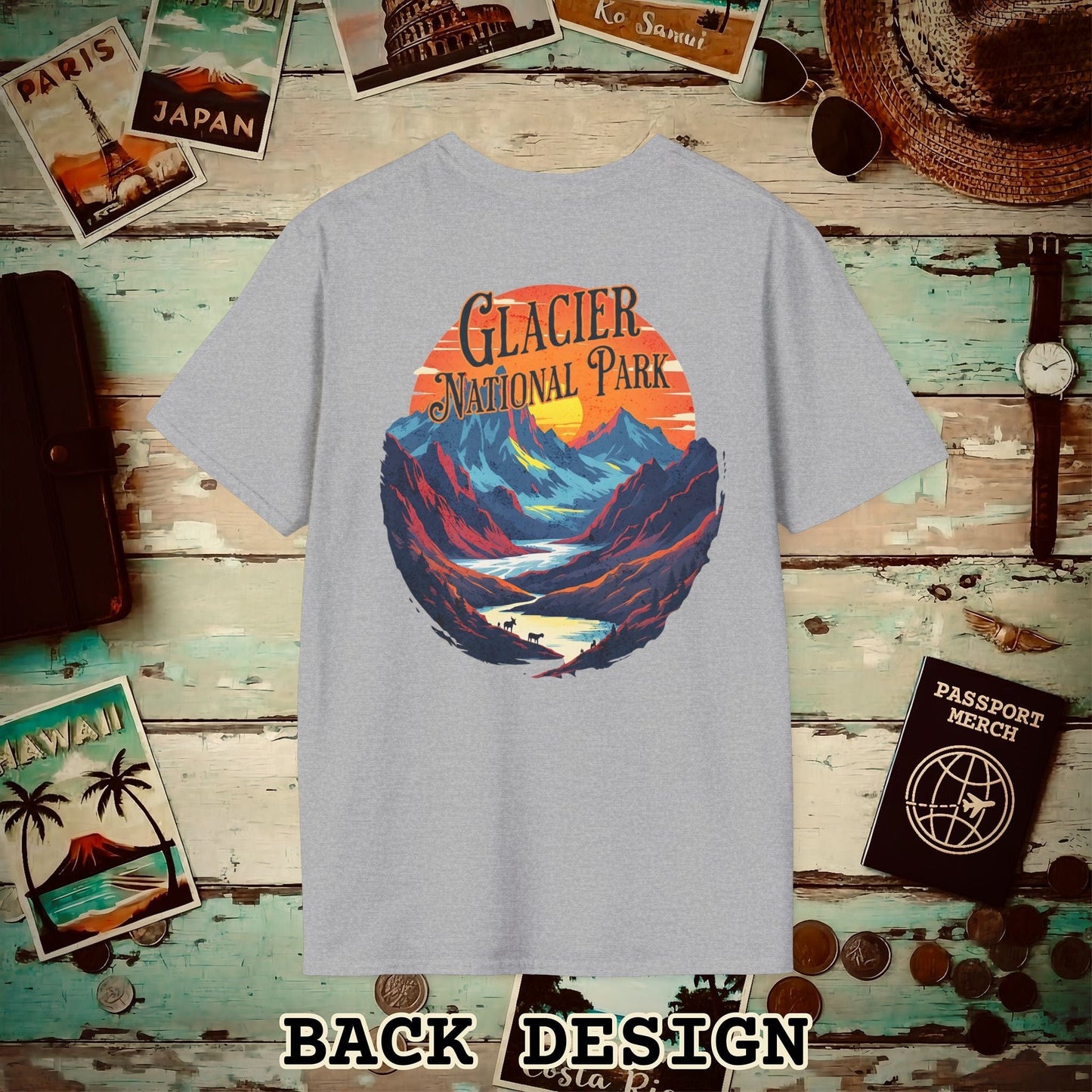 Glacier National Park, Montana, Back Print T-Shirt Sport Grey / S