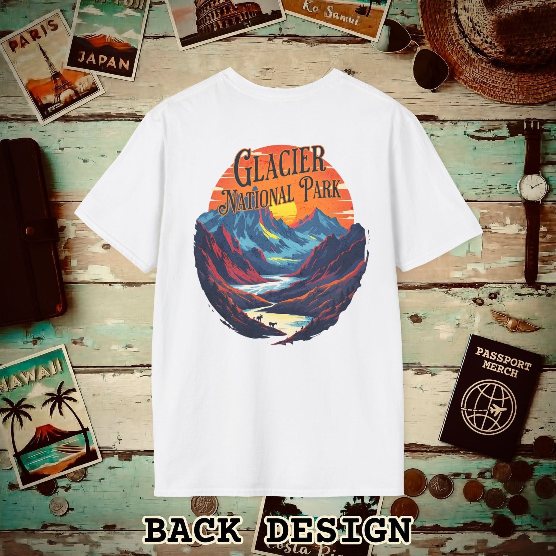 Glacier National Park, Montana, Back Print T-Shirt White / S