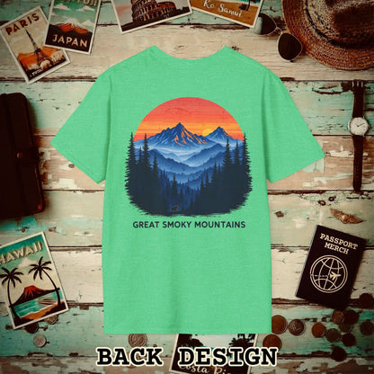 Great Smoky Mountains, Tennessee, Back Print T-Shirt Heather Irish Green / S