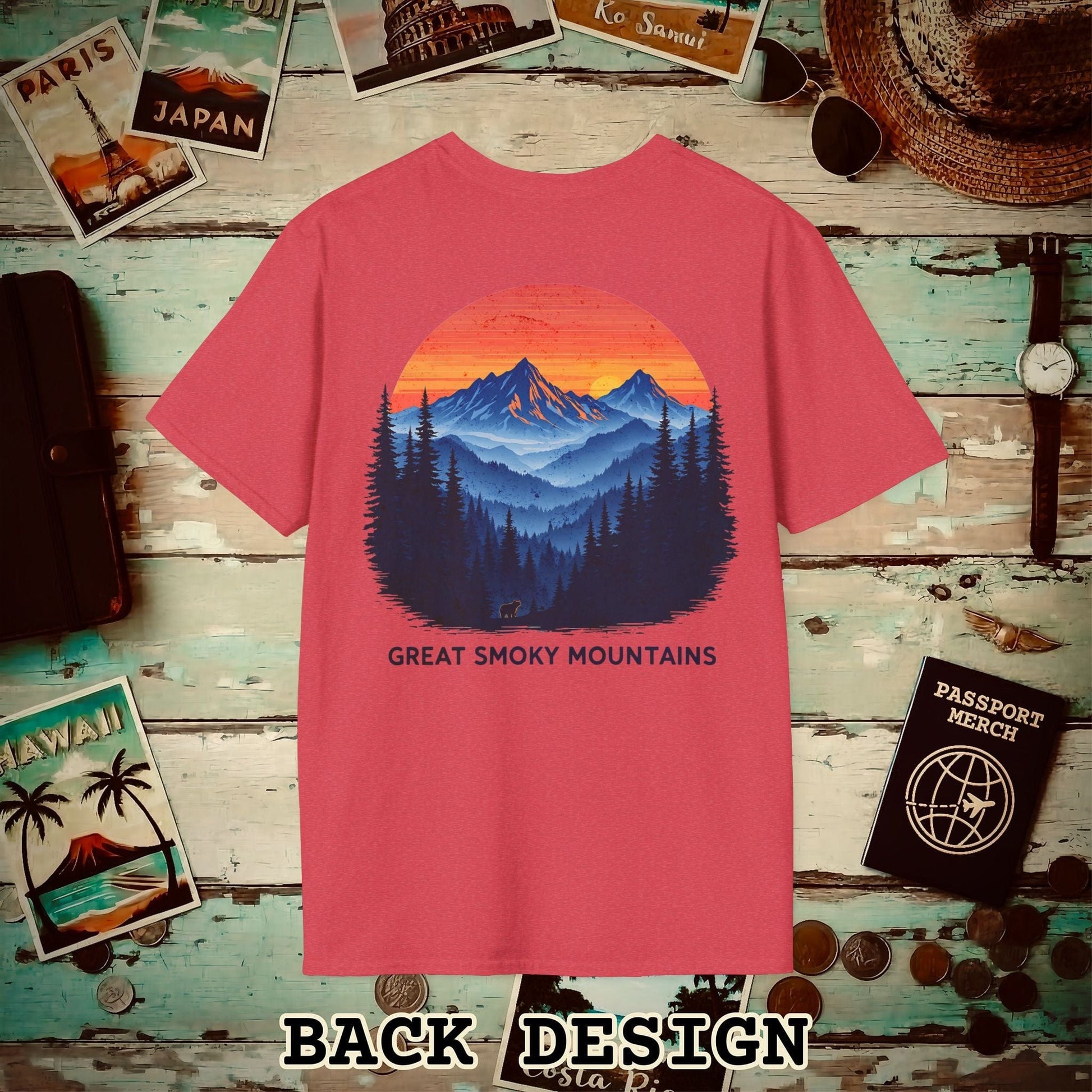 Great Smoky Mountains, Tennessee, Back Print T-Shirt Heather Red / S