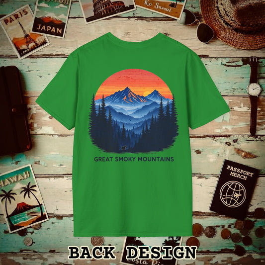 Great Smoky Mountains, Tennessee, Back Print T-Shirt Irish Green / S