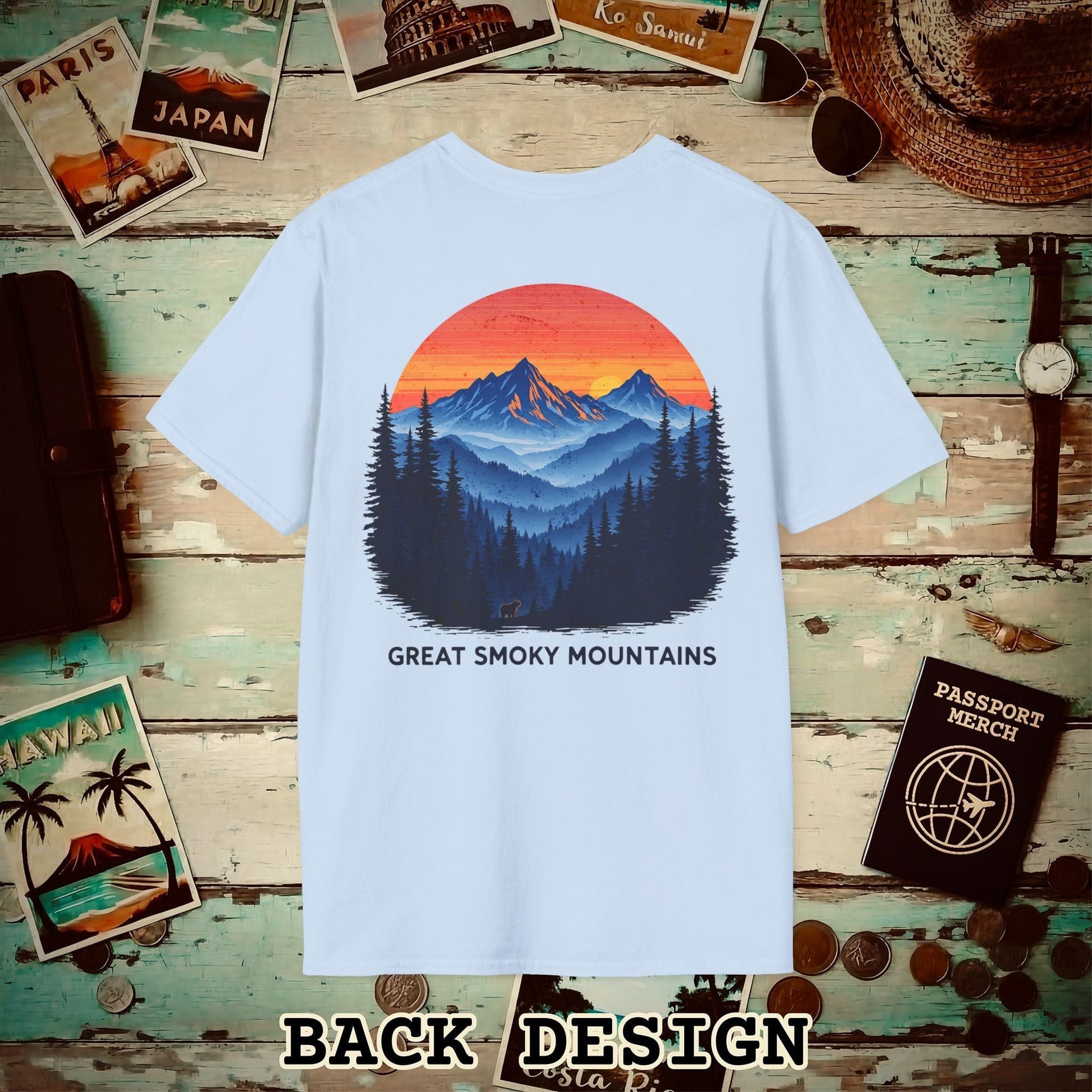Great Smoky Mountains, Tennessee, Back Print T-Shirt Light Blue / S