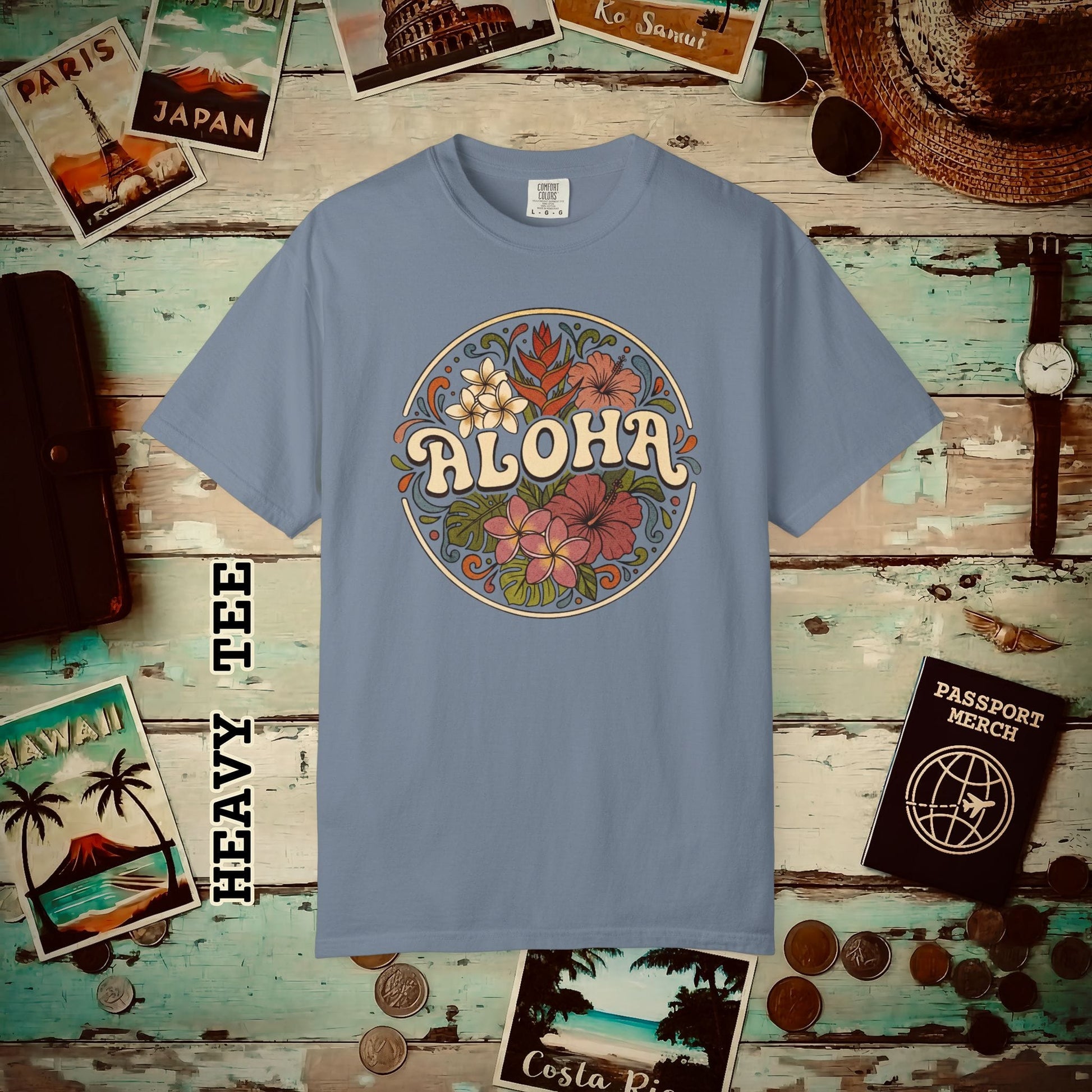 Groovy Flowers of Aloha, Hawaii Heavy Tee Blue Jean / S