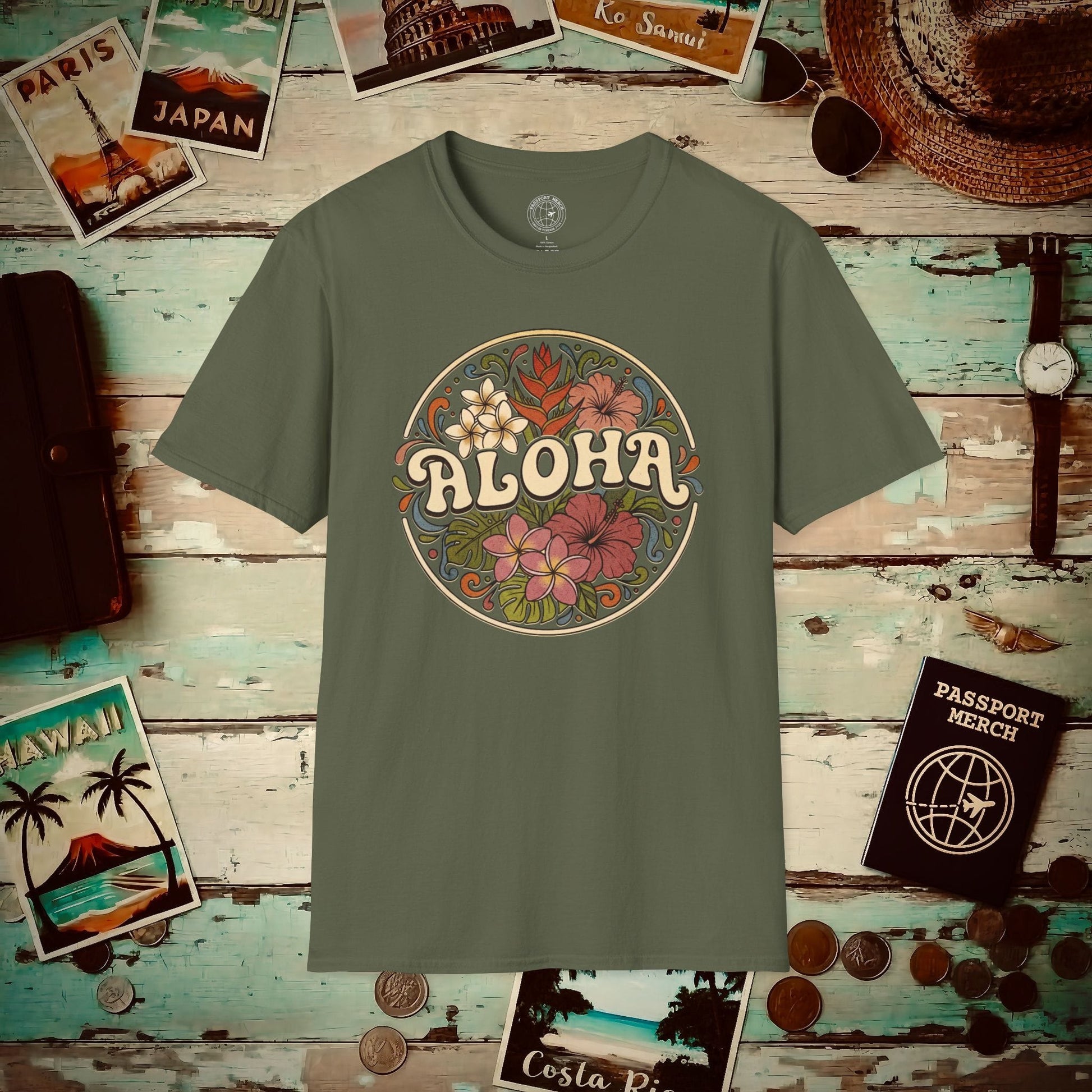 Groovy Flowers of Aloha, Hawaii T-Shirt Military Green / S