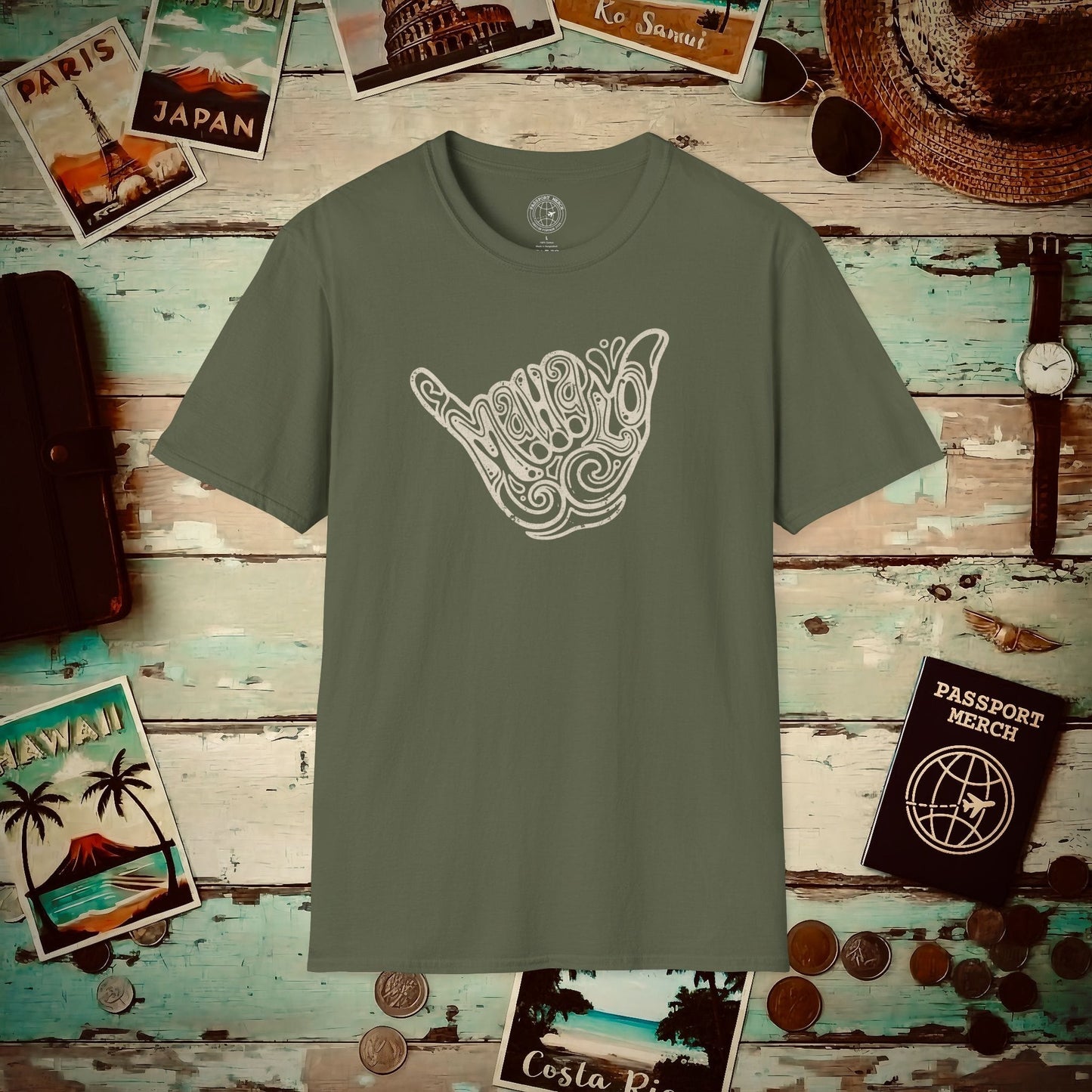 Groovy Vintage Mahalo Shaka, Hawaii T-Shirt Military Green / S
