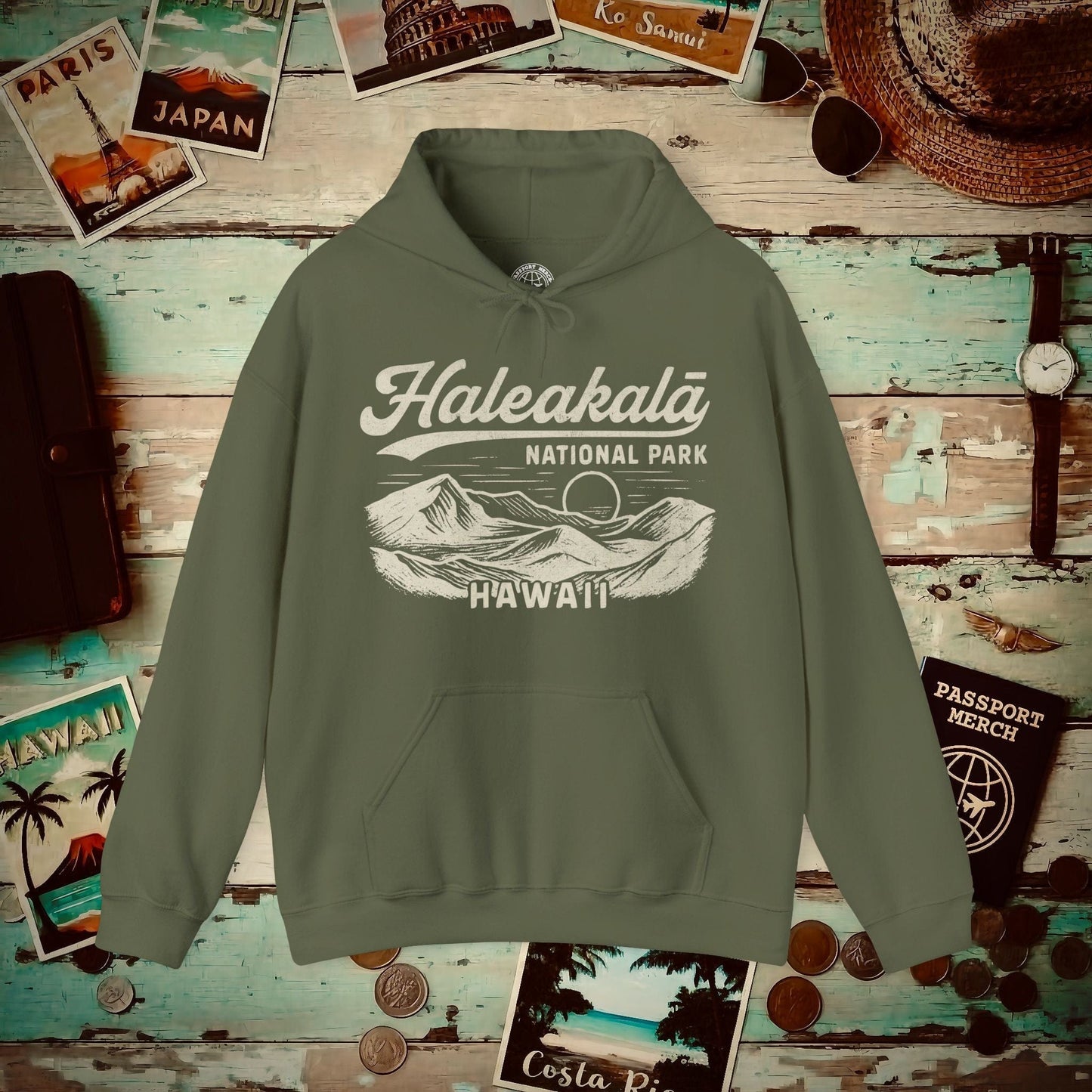 Haleakala National Park Vintage Monochrome, Hawaii Hoodie Military Green / S