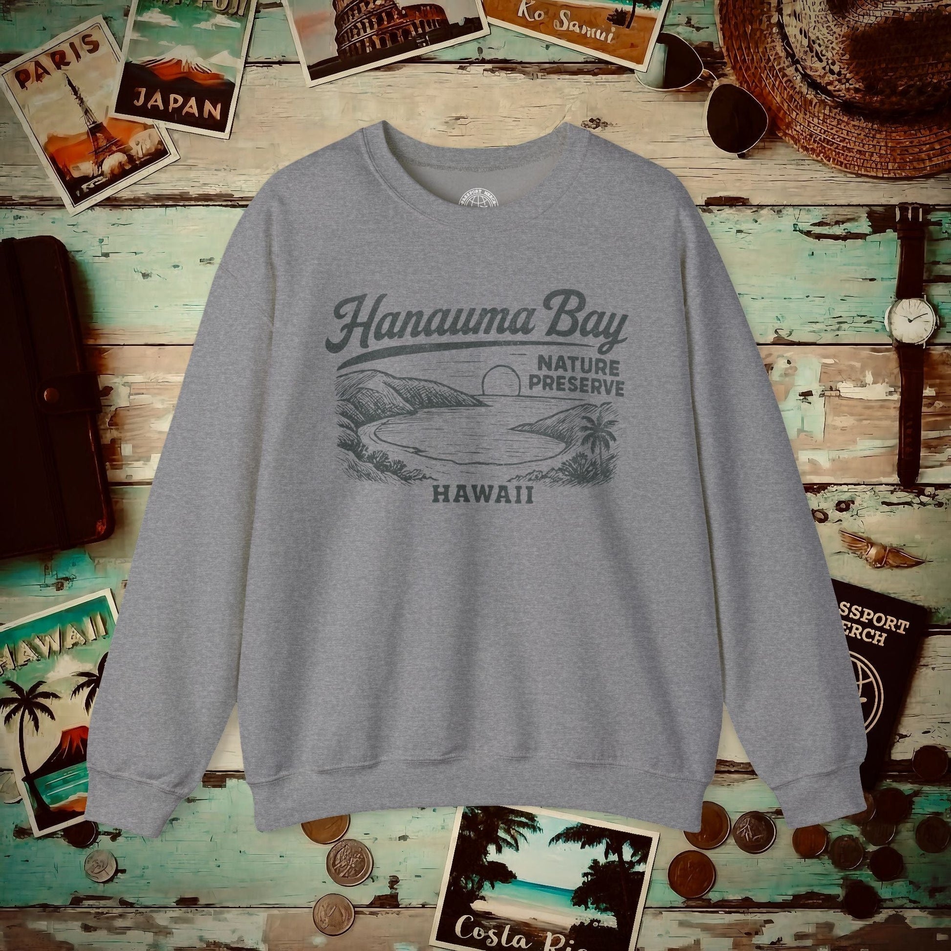 Hanauma Bay Vintage Monochrome, Hawaii Crewneck Graphite Heather / S