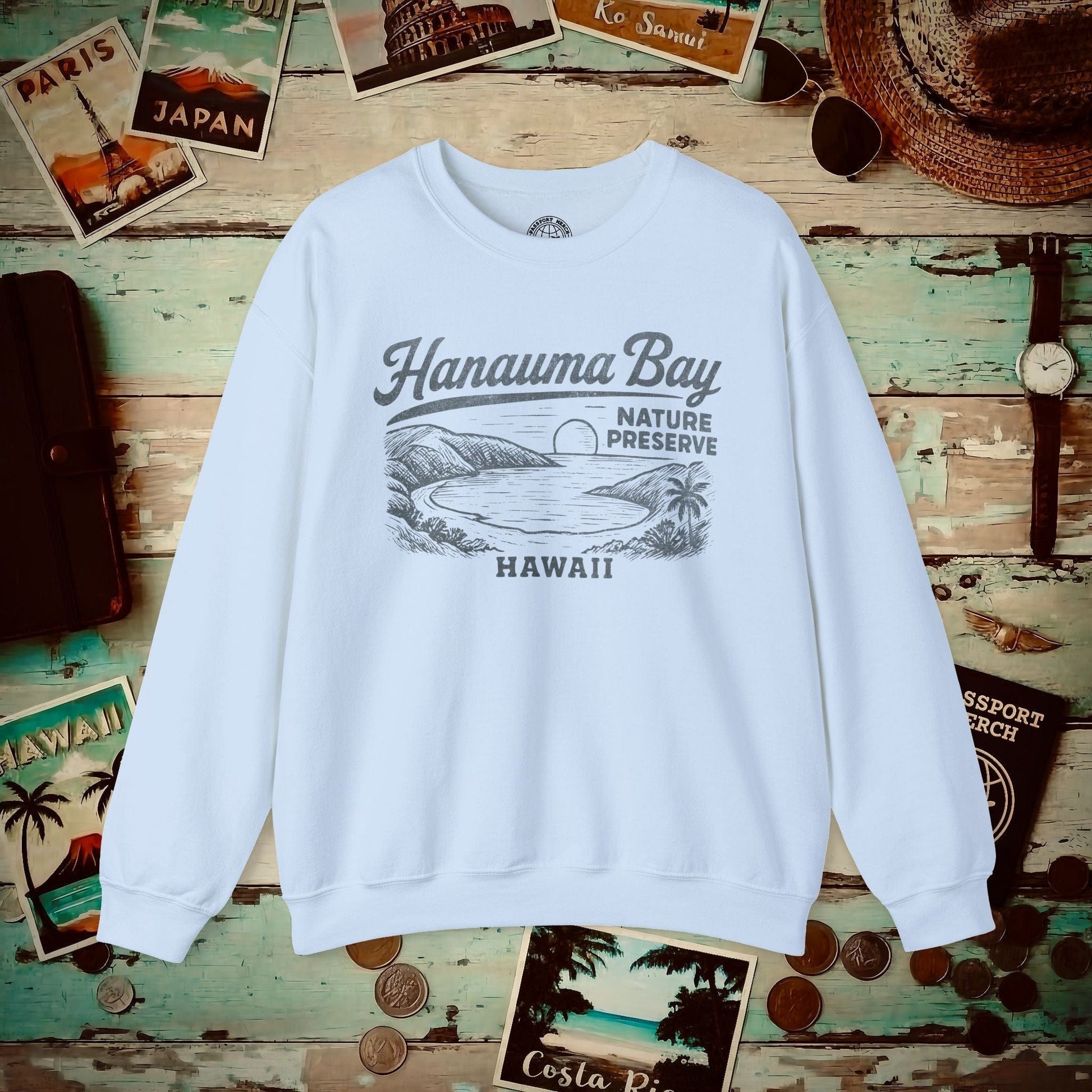 Hanauma Bay Vintage Monochrome, Hawaii Crewneck Light Blue / S