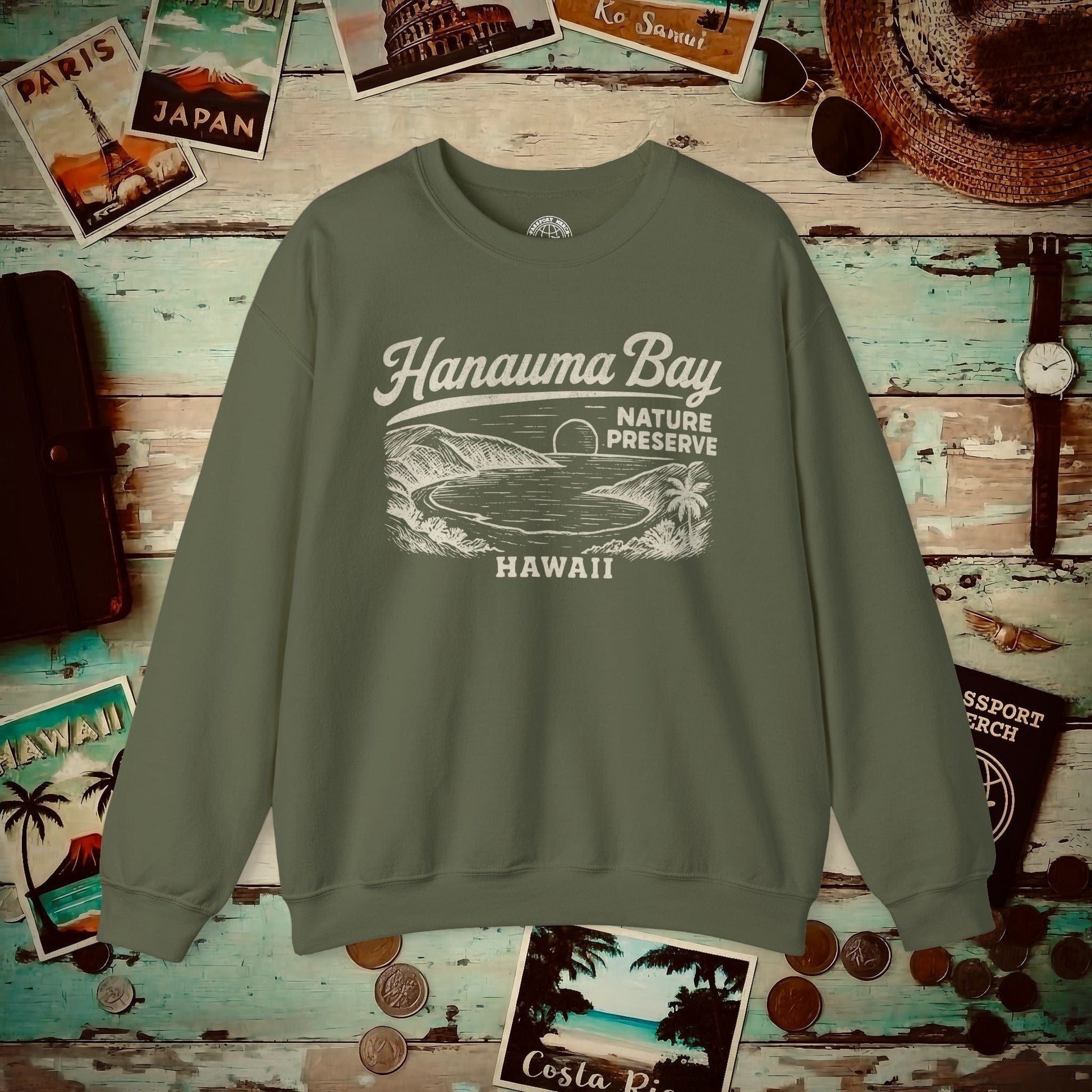 Hanauma Bay Vintage Monochrome, Hawaii Crewneck Military Green / S