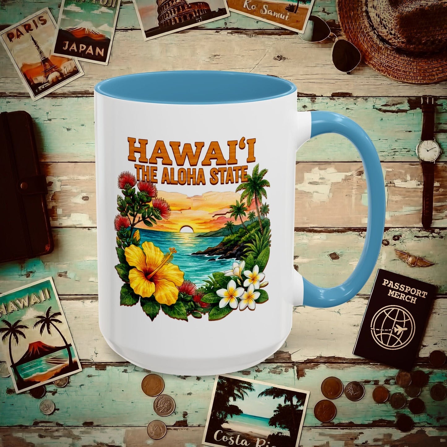 Hawaii Flowers in Watercolored Oak 15oz Mug Light Blue / 15oz
