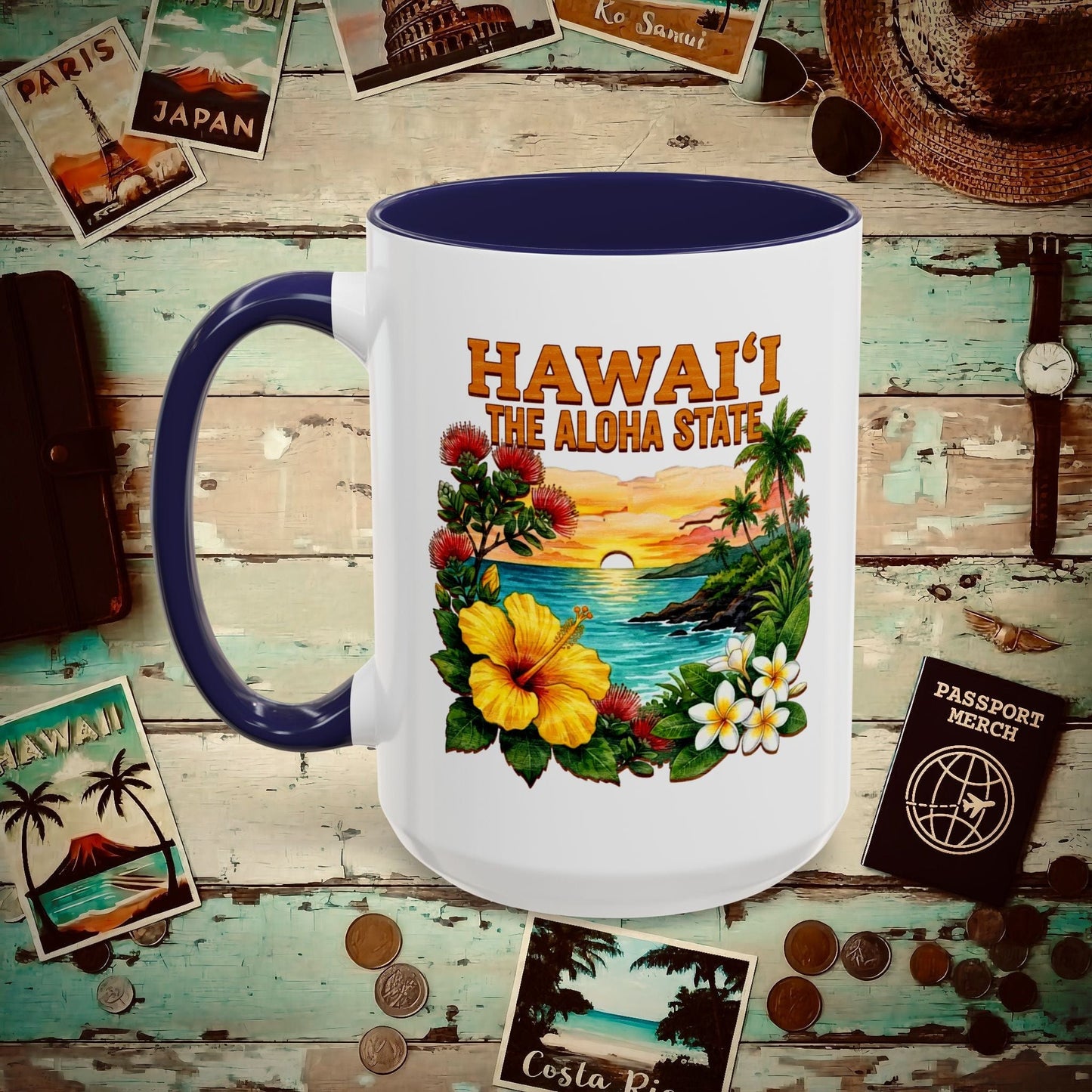 Hawaii Flowers in Watercolored Oak 15oz Mug Navy / 15oz