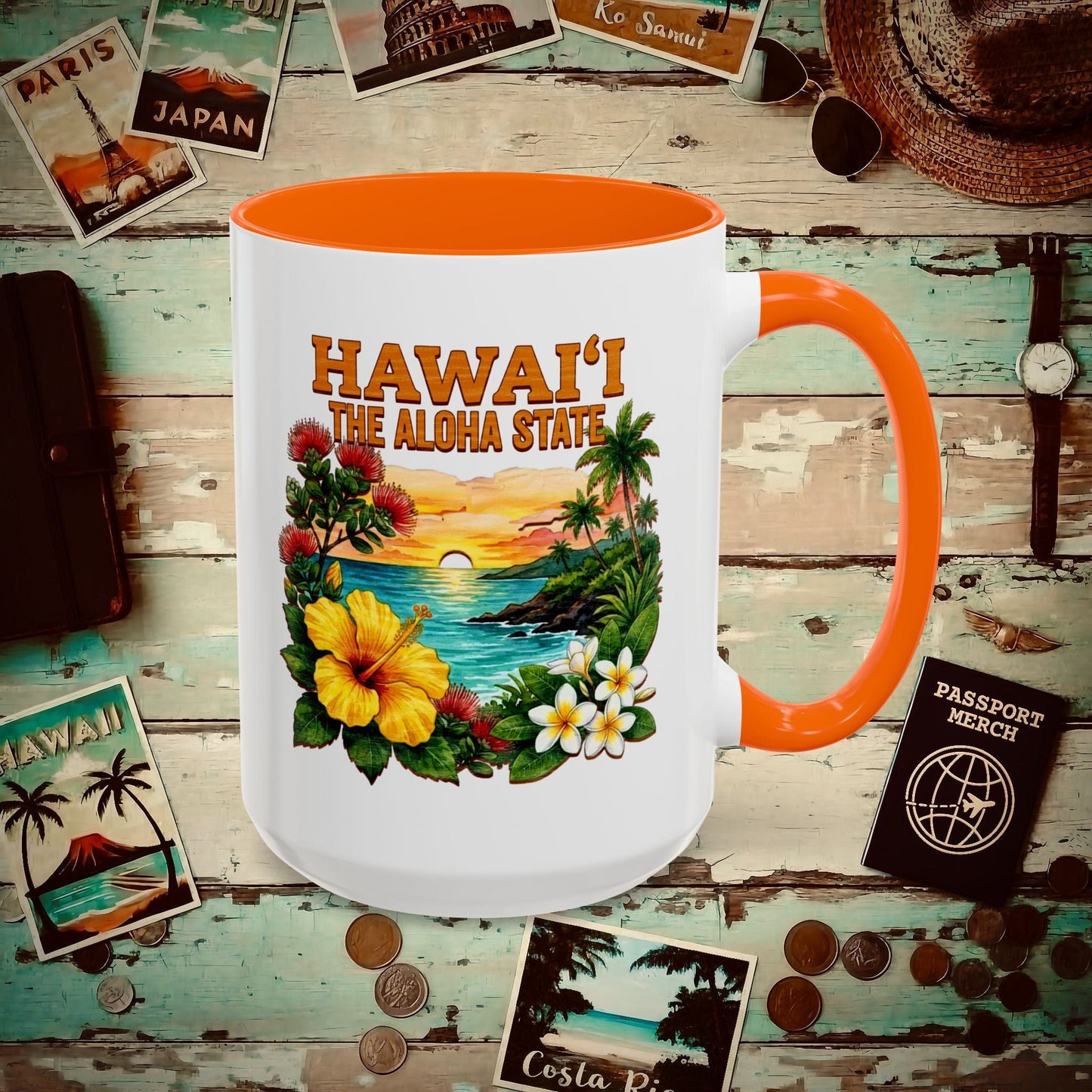 Hawaii Flowers in Watercolored Oak 15oz Mug Orange / 15oz