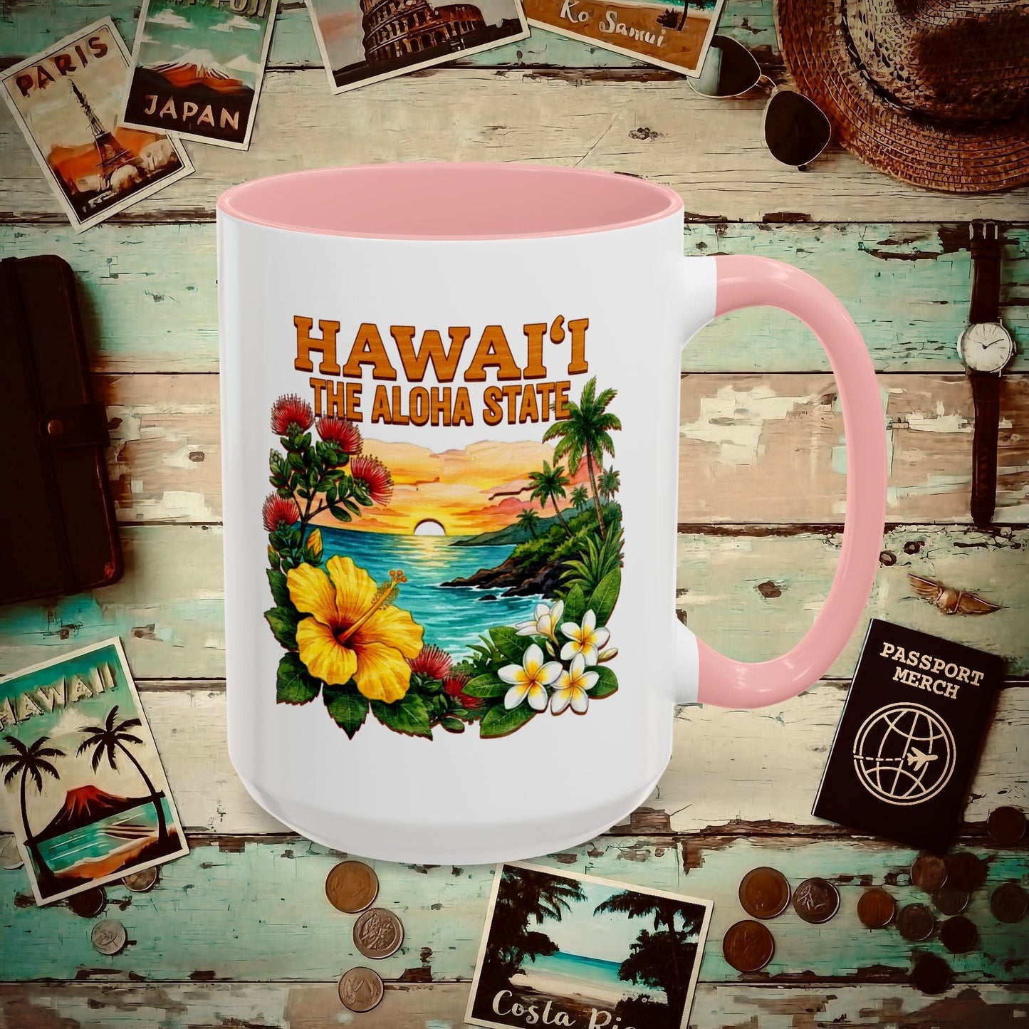 Hawaii Flowers in Watercolored Oak 15oz Mug Pink / 15oz
