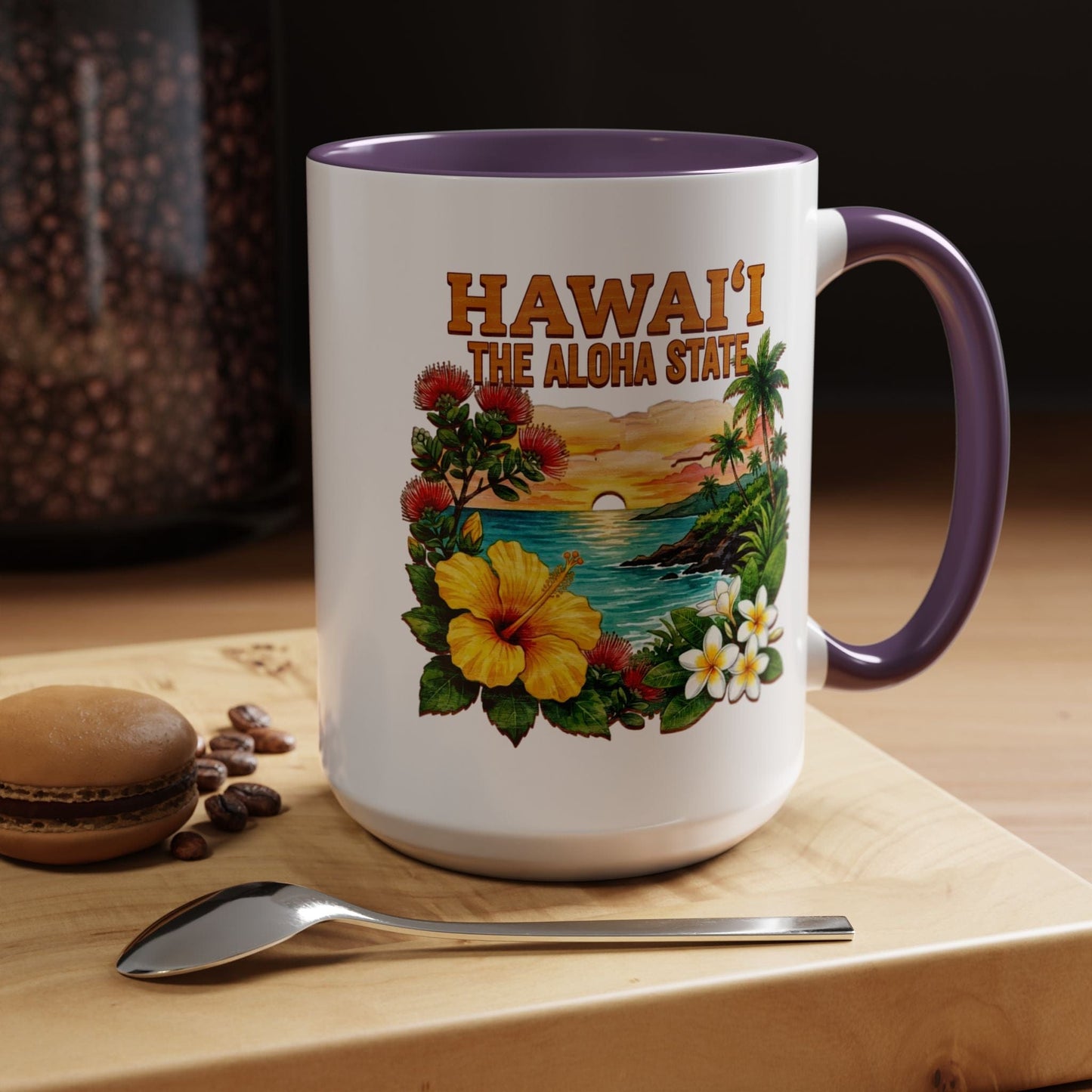 Hawaii Flowers in Watercolored Oak 15oz Mug Purple / 15oz