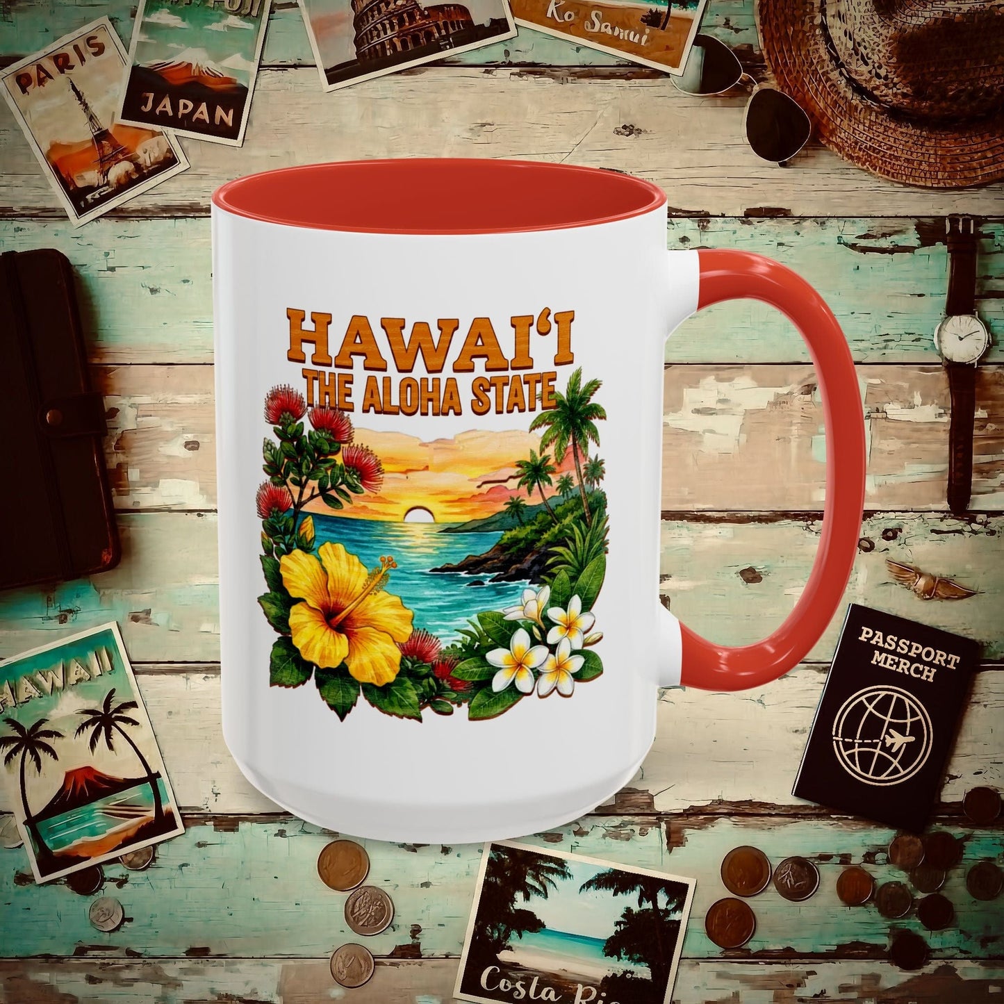 Hawaii Flowers in Watercolored Oak 15oz Mug Red / 15oz