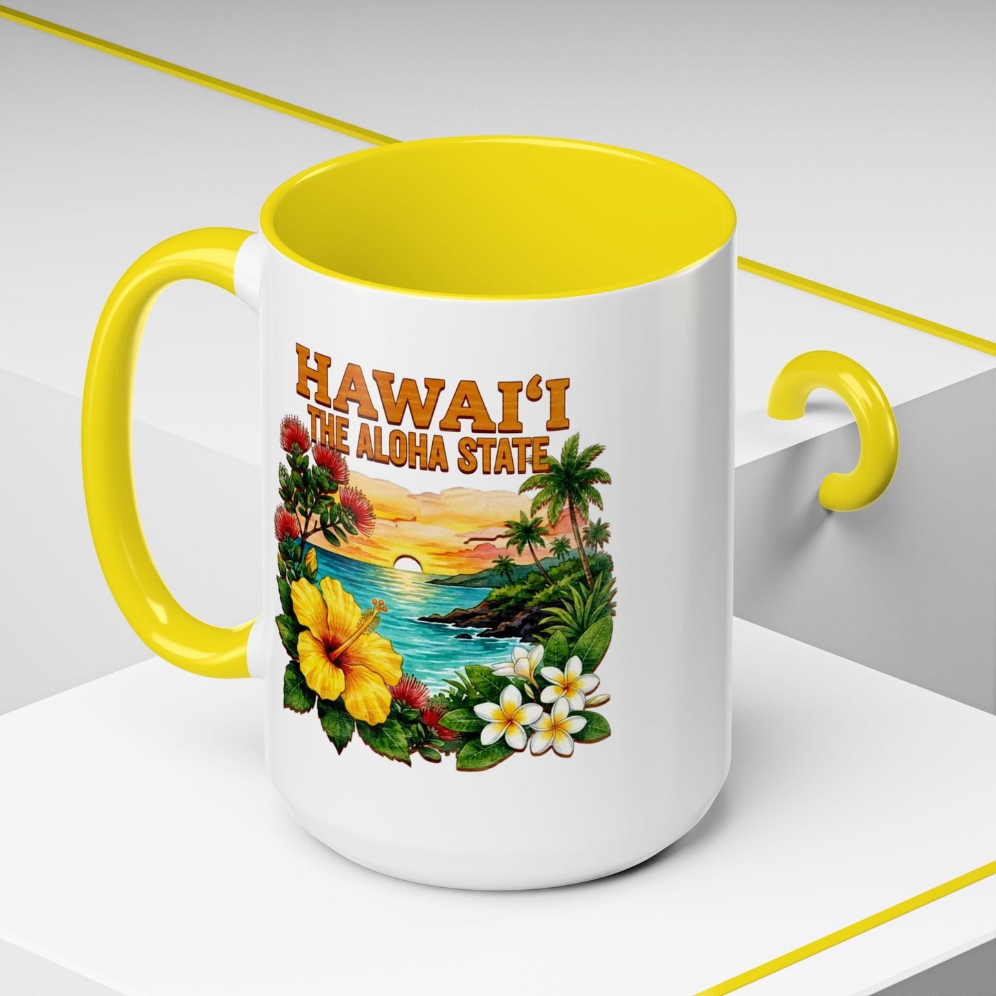 Hawaii Flowers in Watercolored Oak 15oz Mug Yellow / 15oz