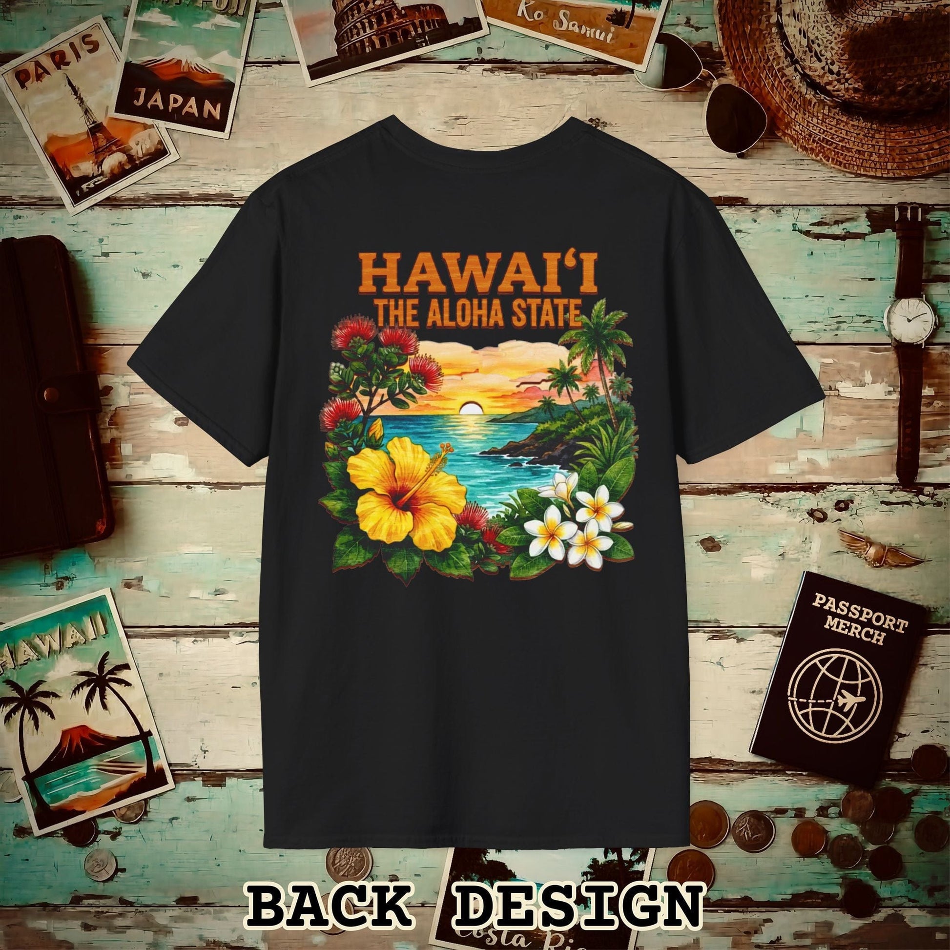 Hawaii Flowers in Watercolored Oak Back Print T-Shirt Black / S