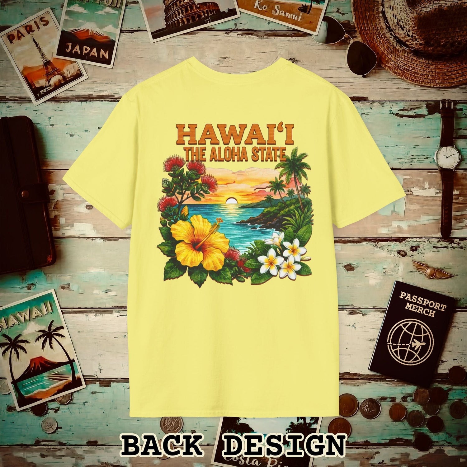 Hawaii Flowers in Watercolored Oak Back Print T-Shirt Cornsilk / S