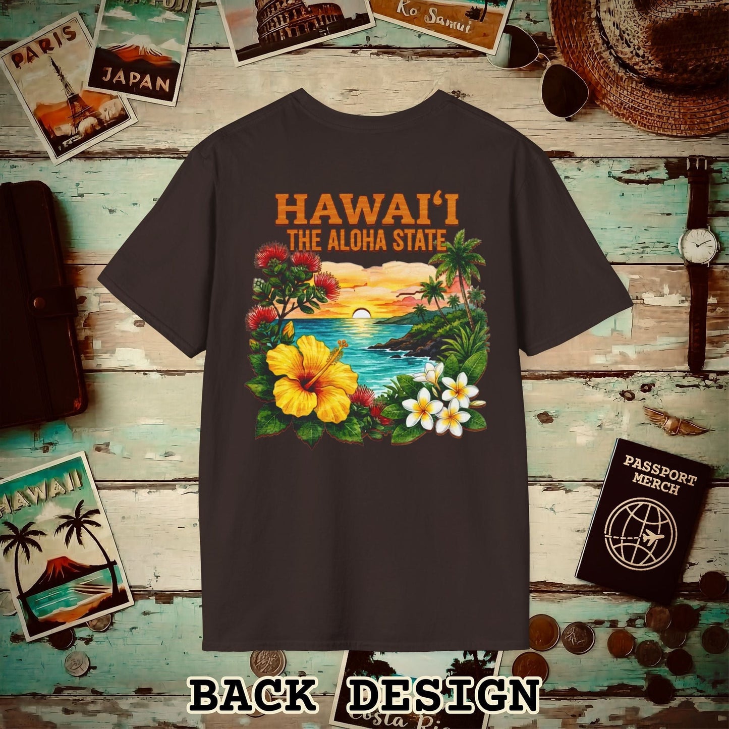 Hawaii Flowers in Watercolored Oak Back Print T-Shirt Dark Chocolate / S