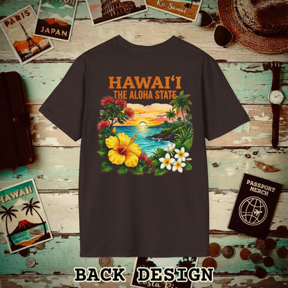 Hawaii Flowers in Watercolored Oak Back Print T-Shirt Dark Chocolate / S