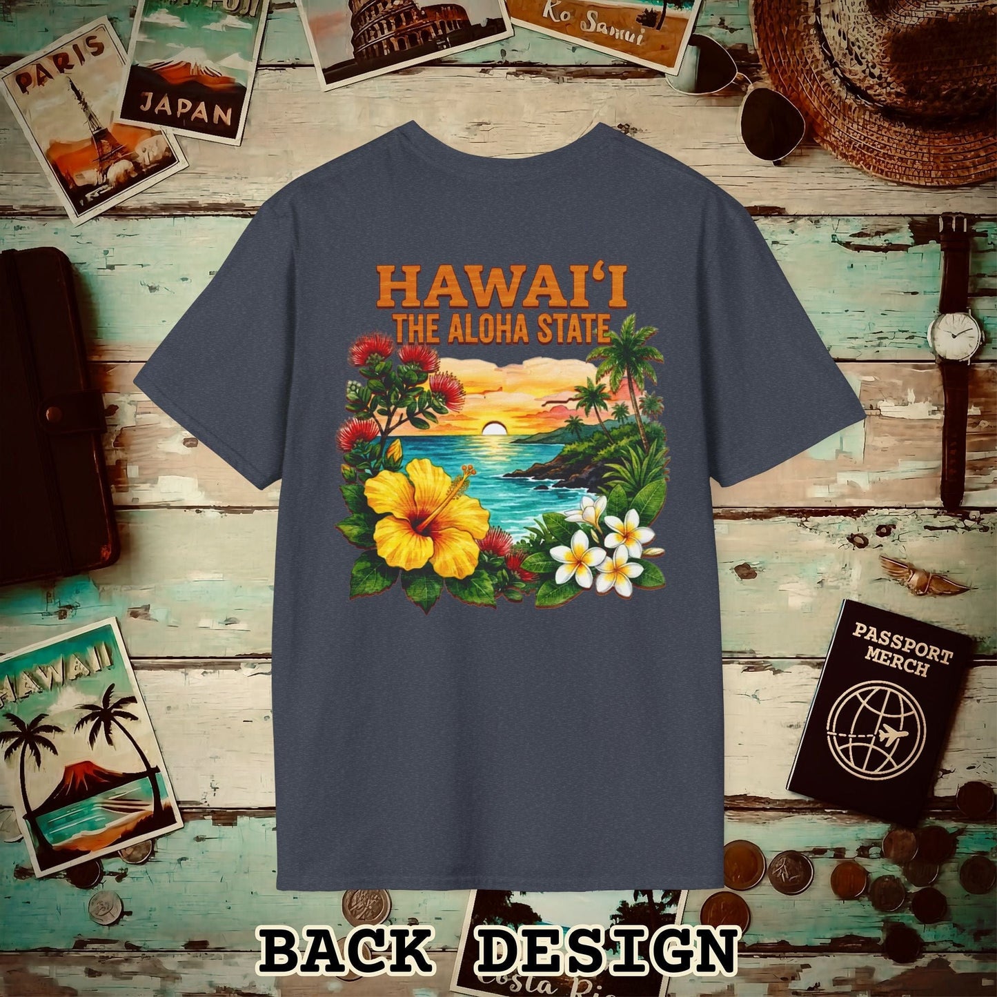Hawaii Flowers in Watercolored Oak Back Print T-Shirt Heather Navy / S