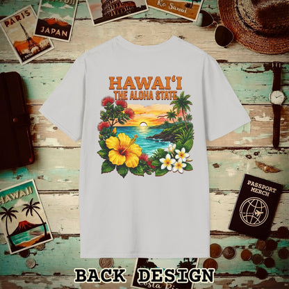 Hawaii Flowers in Watercolored Oak Back Print T-Shirt Ice Grey / S