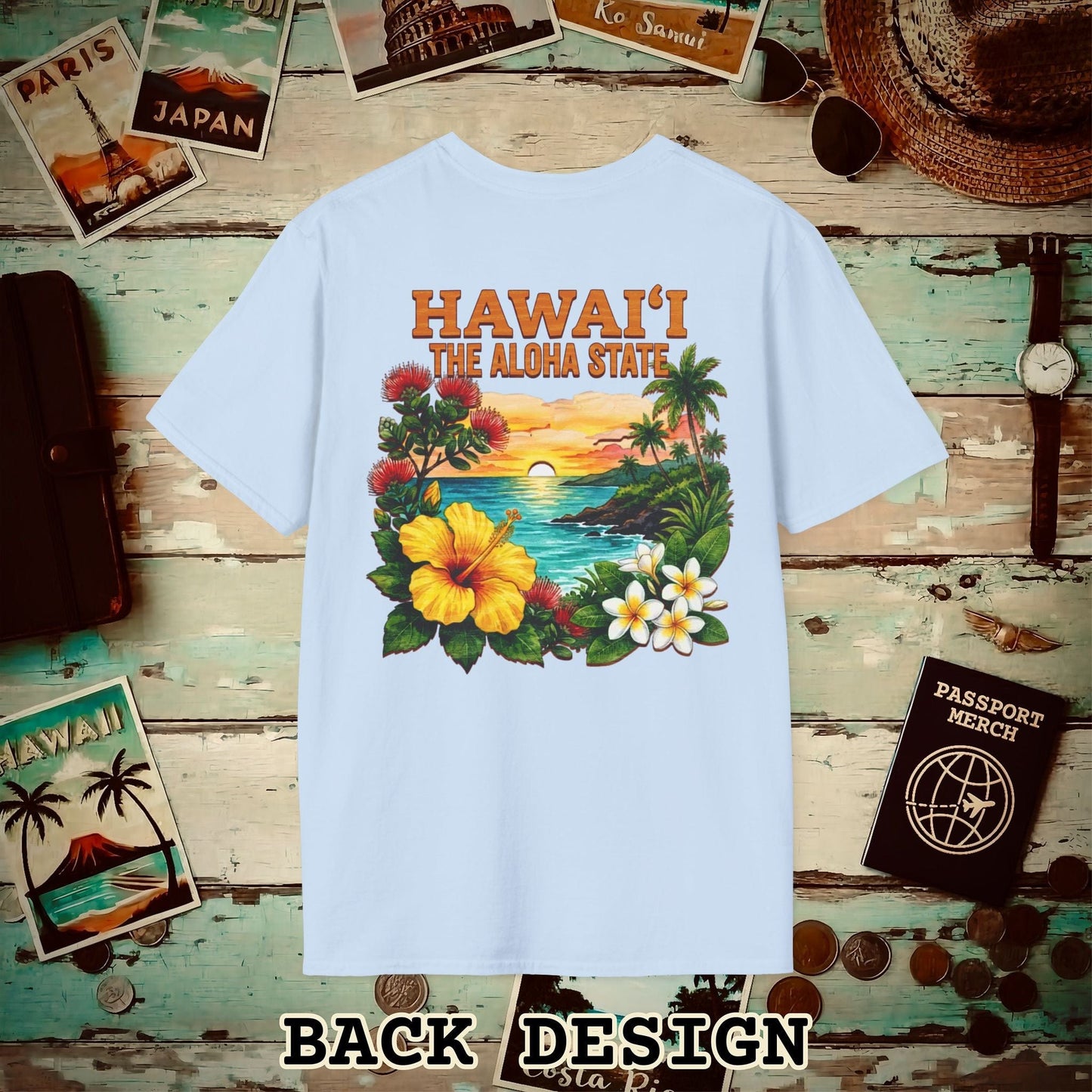 Hawaii Flowers in Watercolored Oak Back Print T-Shirt Light Blue / S