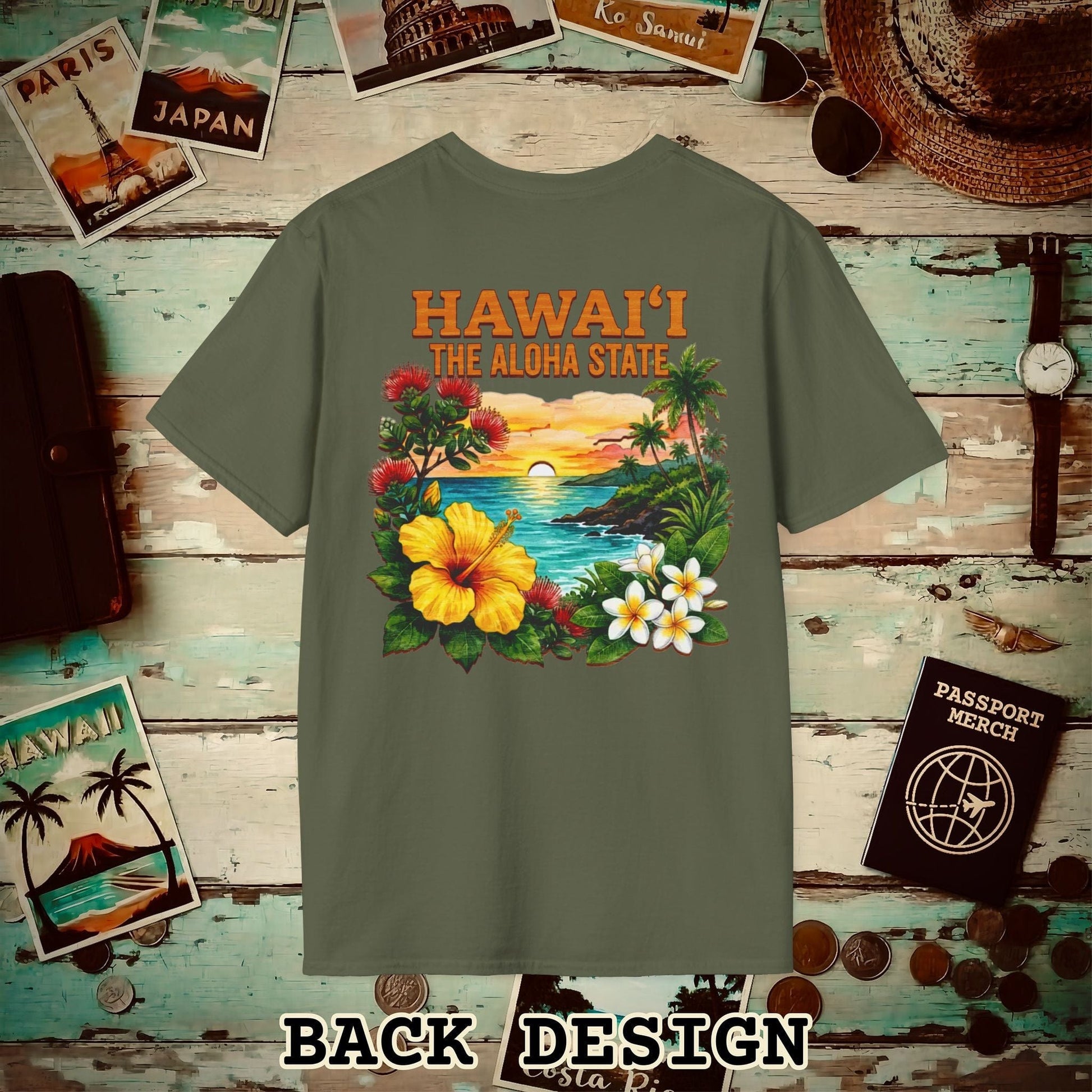 Hawaii Flowers in Watercolored Oak Back Print T-Shirt Military Green / S