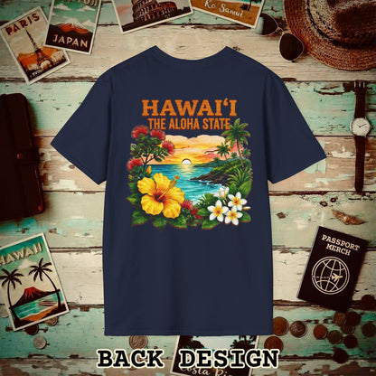 Hawaii Flowers in Watercolored Oak Back Print T-Shirt Navy / S