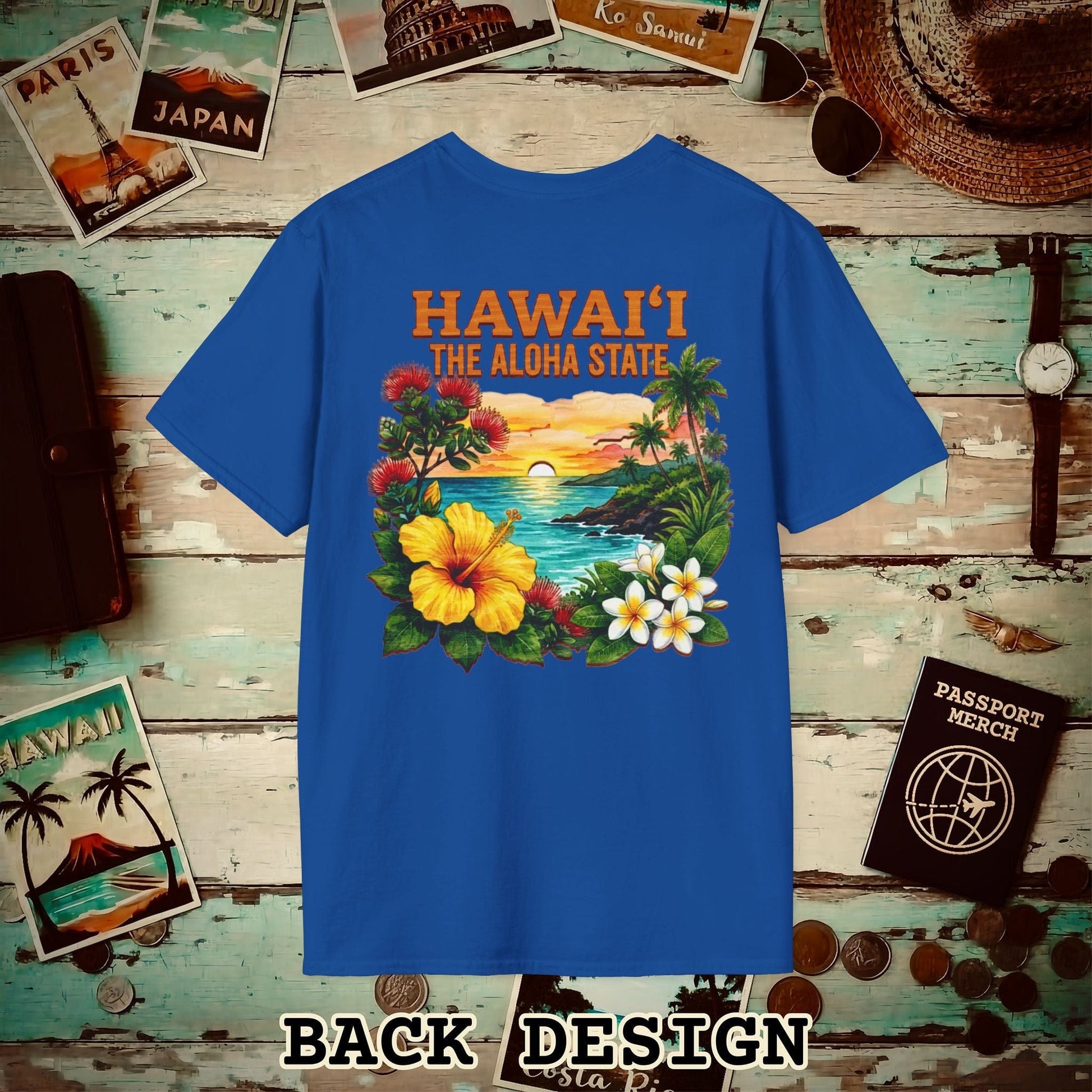 Hawaii Flowers in Watercolored Oak Back Print T-Shirt Royal / S
