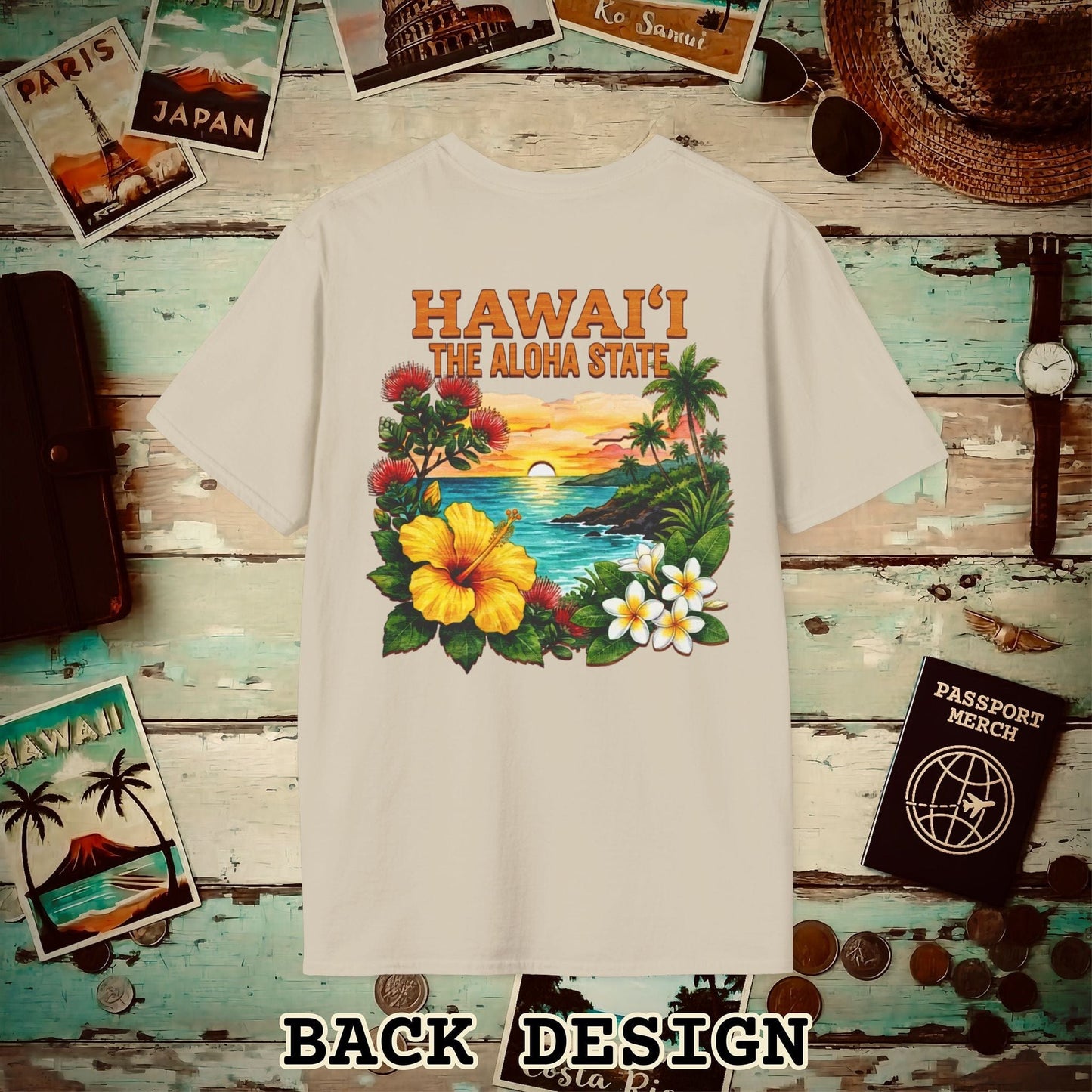 Hawaii Flowers in Watercolored Oak Back Print T-Shirt Sand / S