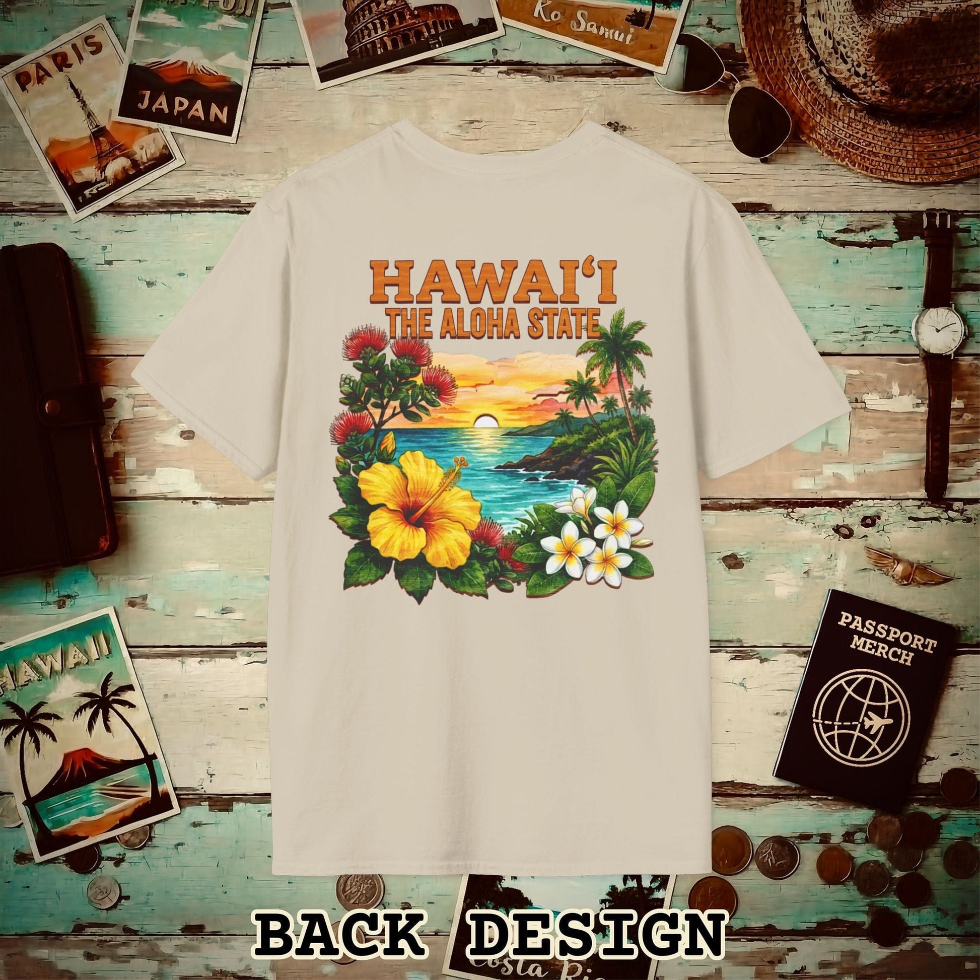 Hawaii Flowers in Watercolored Oak Back Print T-Shirt Sand / S