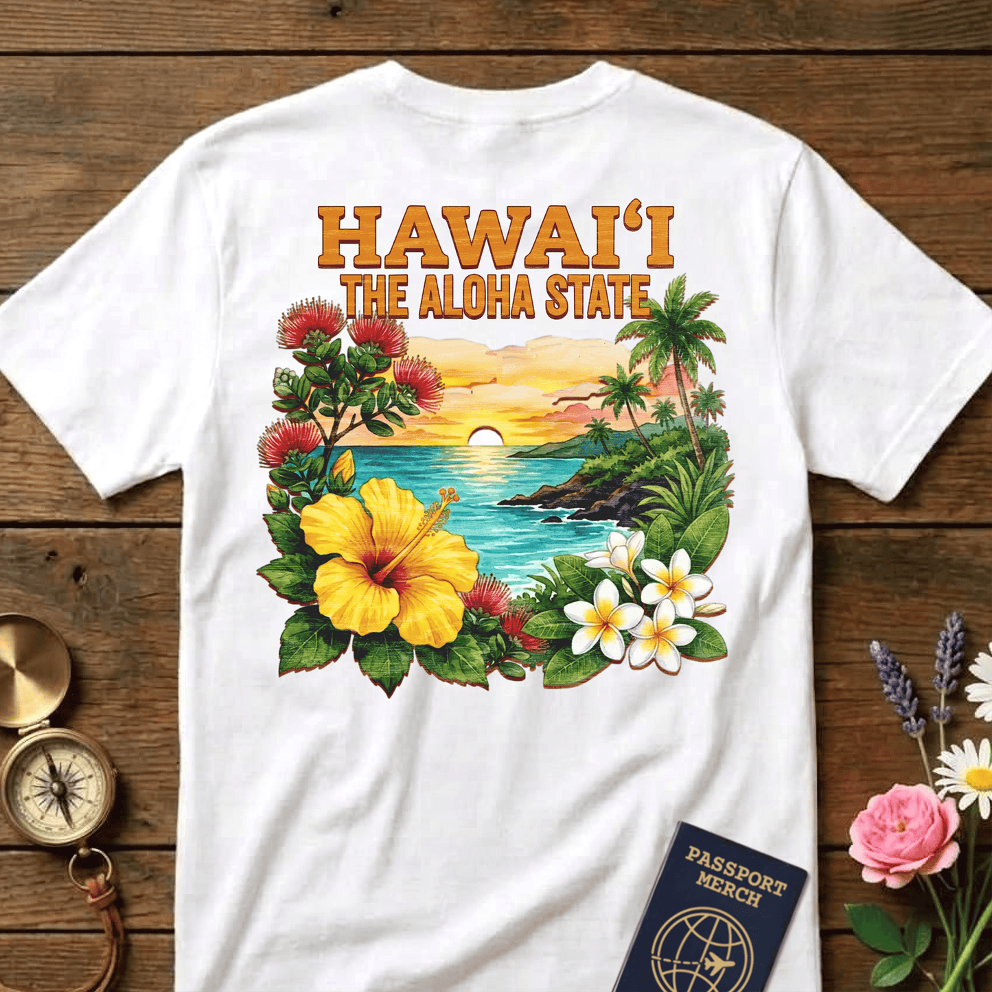 Hawaii Flowers in Watercolored Oak Back Print T-Shirt White / S