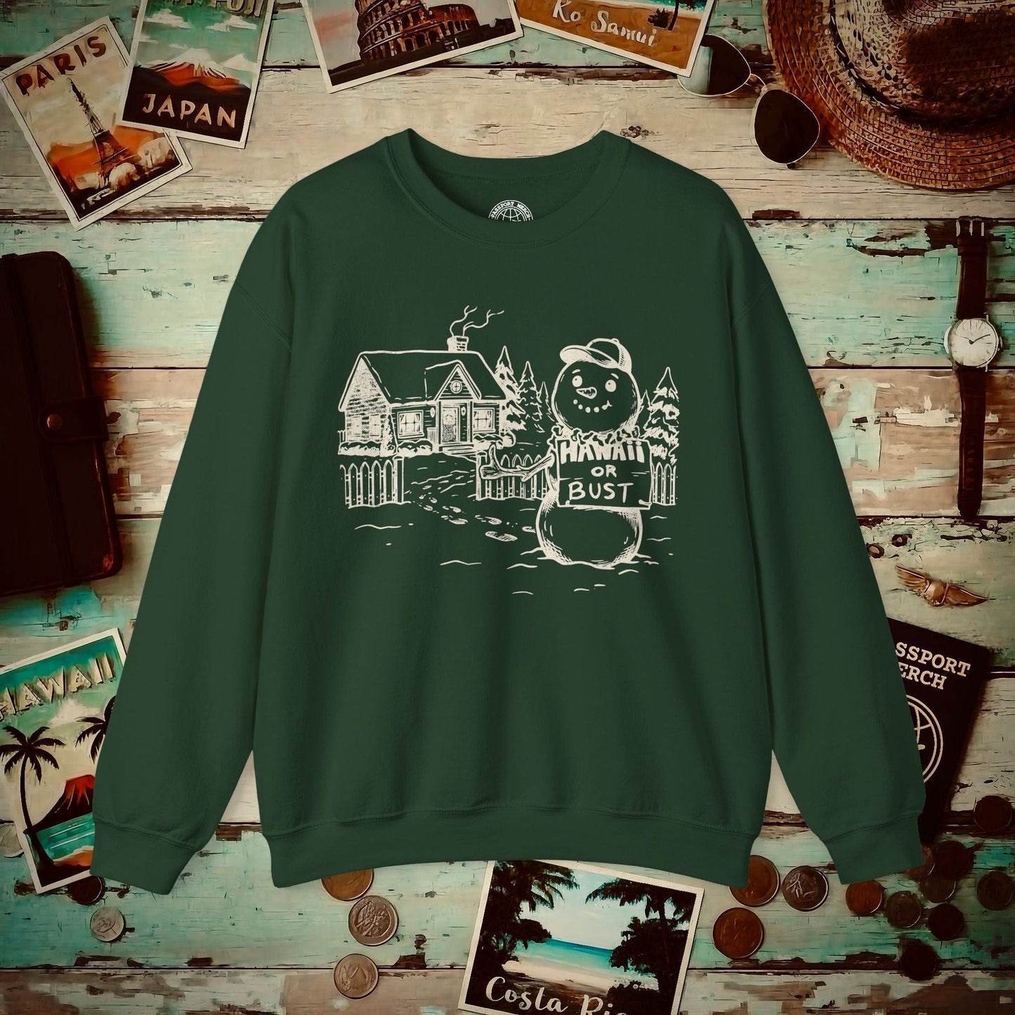 Hawaii Or Bust Snowman Crewneck Forest Green / S