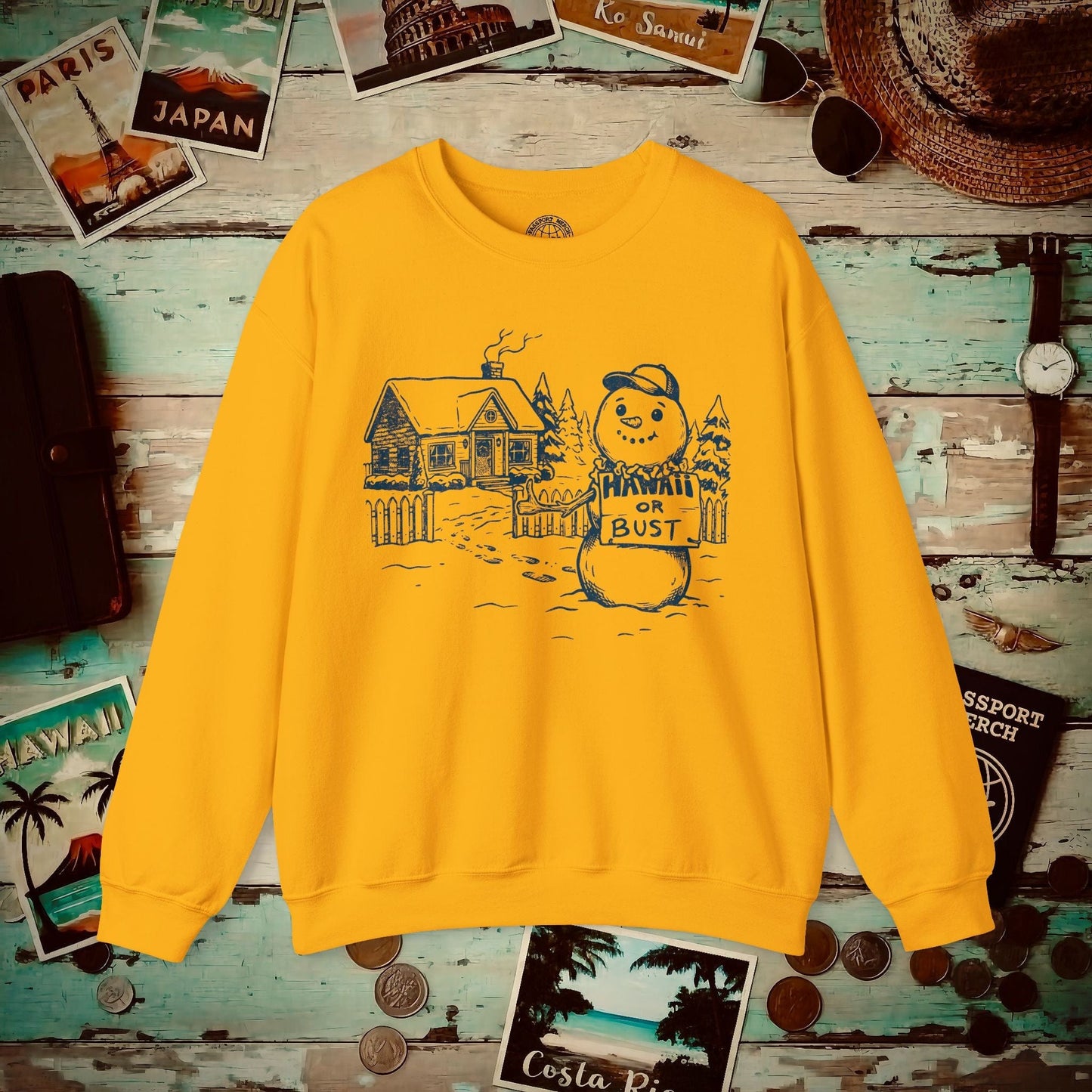Hawaii Or Bust Snowman Crewneck Gold / S