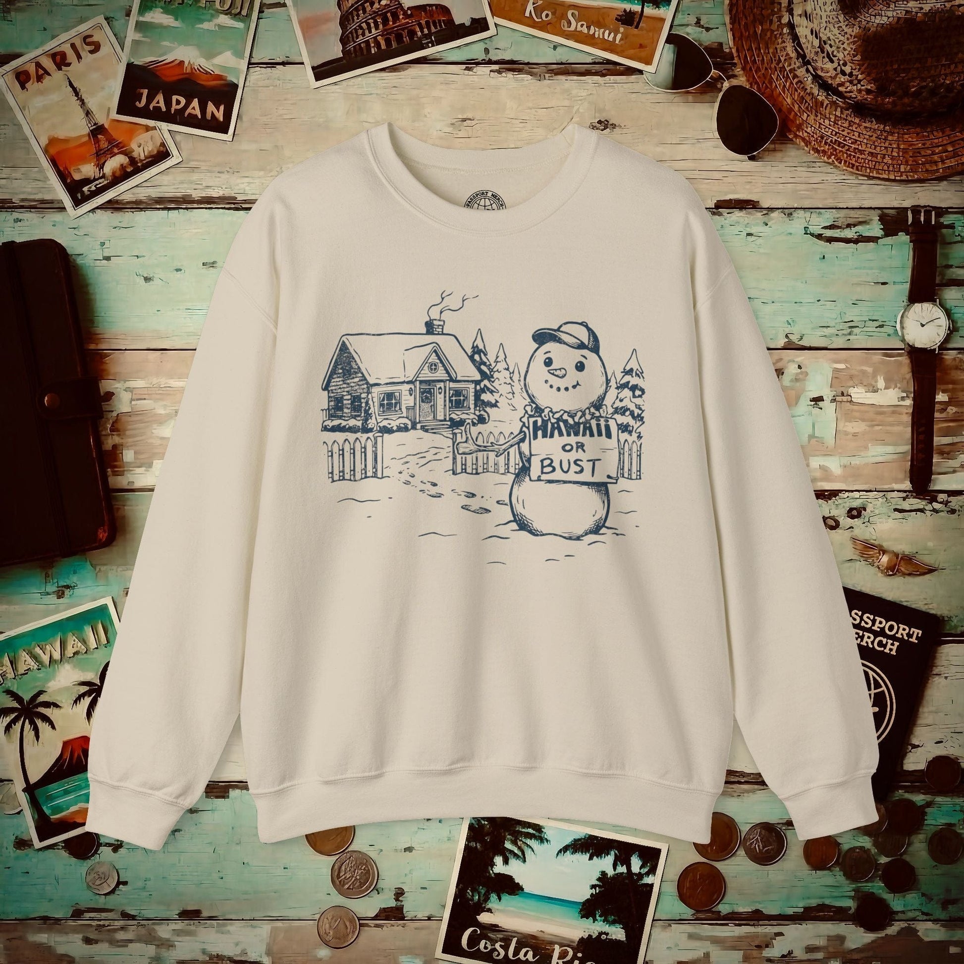 Hawaii Or Bust Snowman Crewneck Sand / S