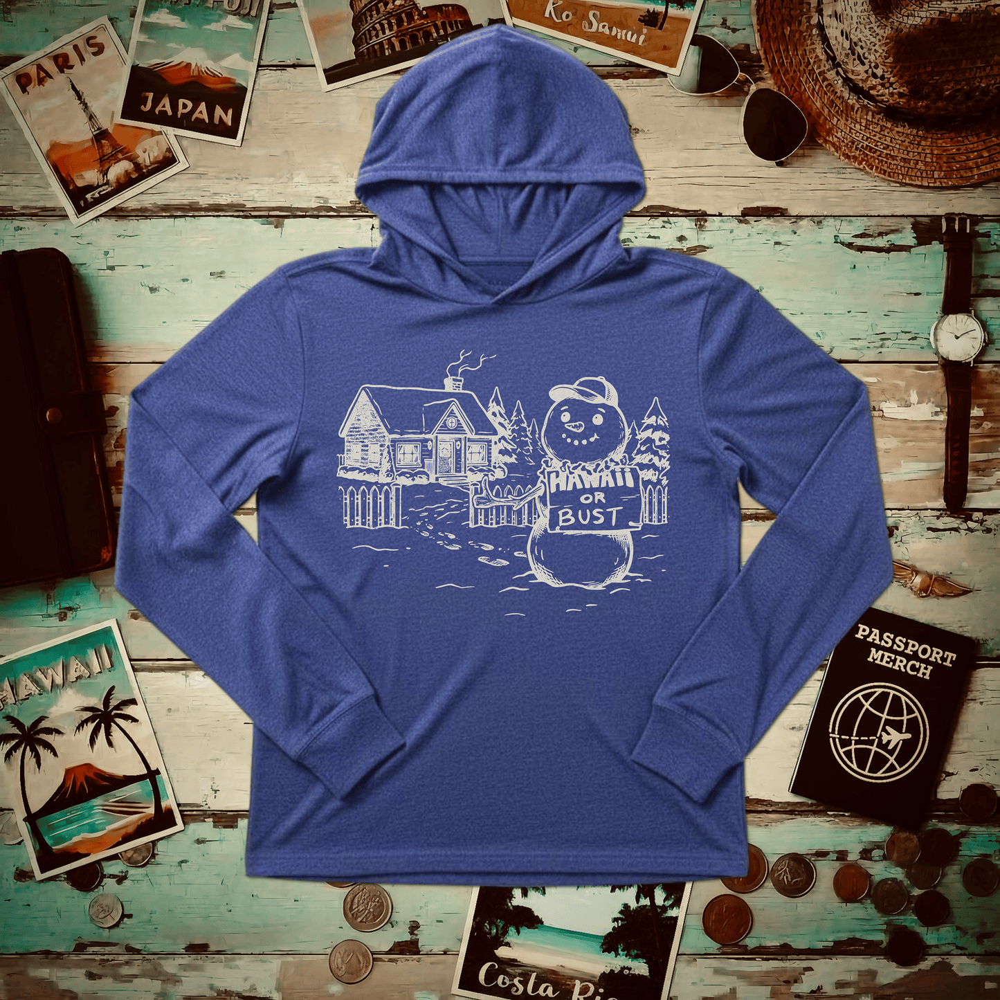 Hawaii Or Bust Snowman Hooded Long Sleeve Heather True Royal / XS