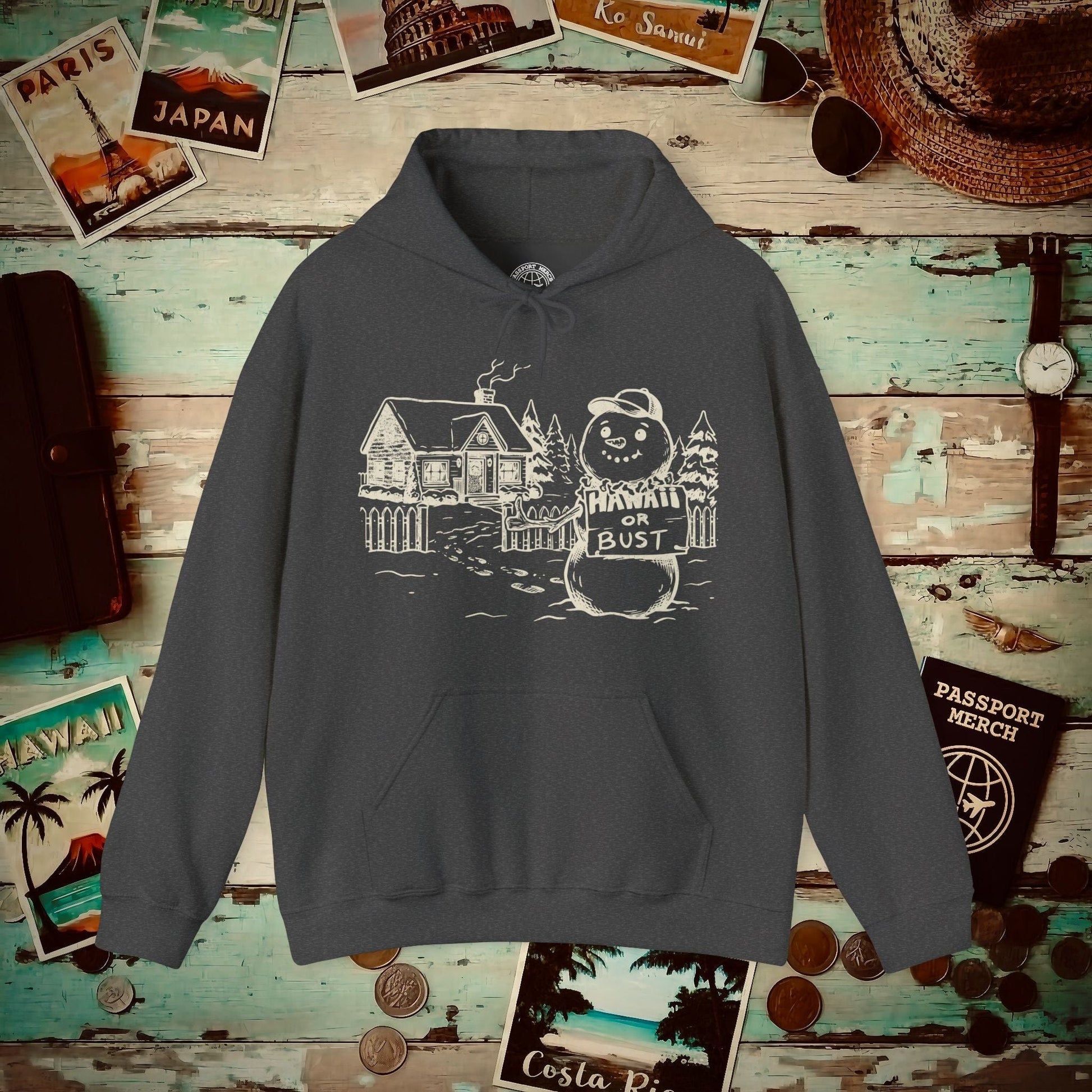 Hawaii Or Bust Snowman Hoodie Dark Heather / S